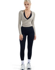 SUUKSESS Women Pilates Wrap Workout Cropped Top Ribbed Long Sleeve V Neck Tie Front Ballet Yoga Shrug Blouse-SUUKSESS-SUUKSESS