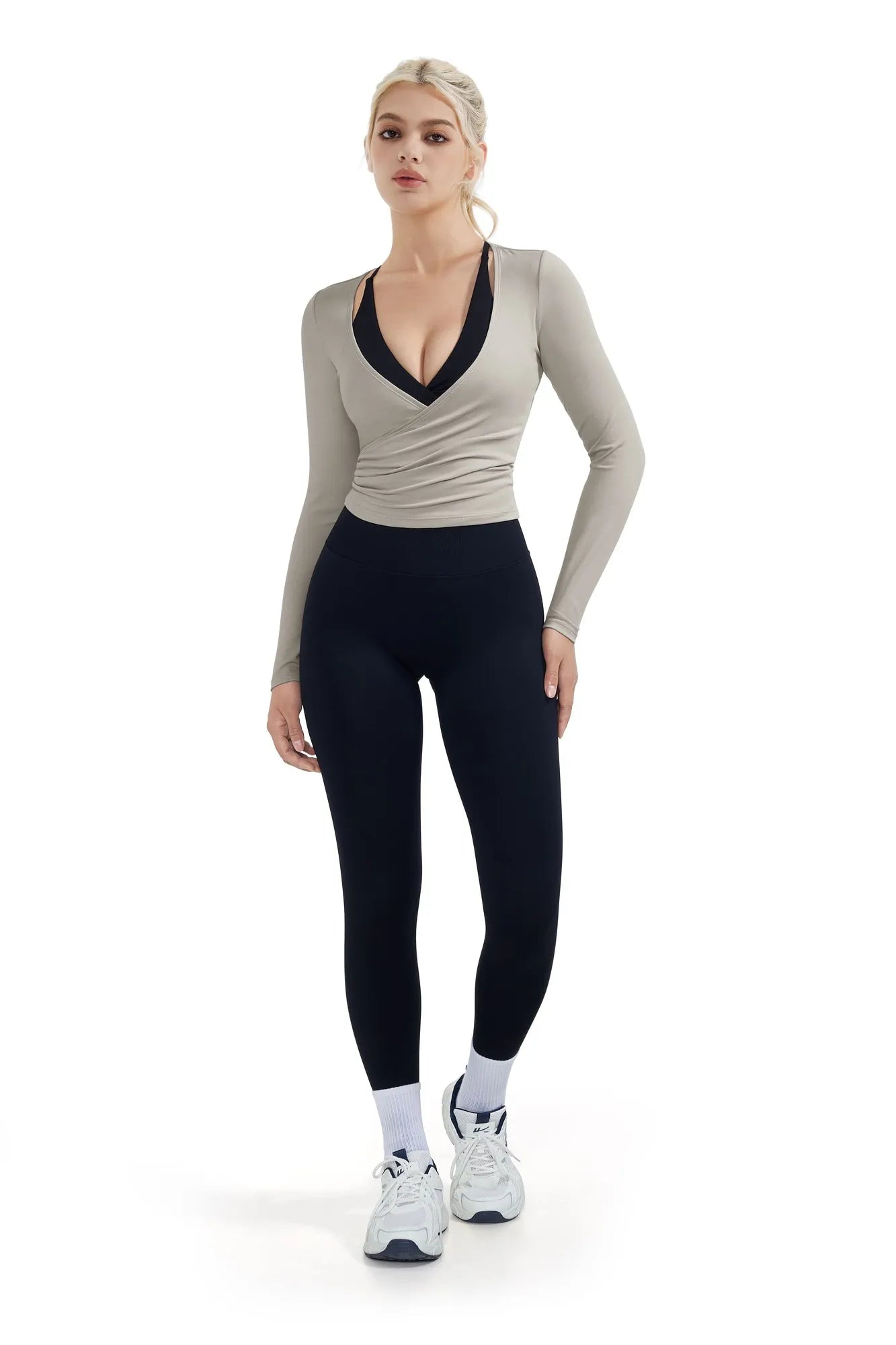 SUUKSESS Women Pilates Wrap Workout Cropped Top Ribbed Long Sleeve V Neck Tie Front Ballet Yoga Shrug Blouse-SUUKSESS-SUUKSESS