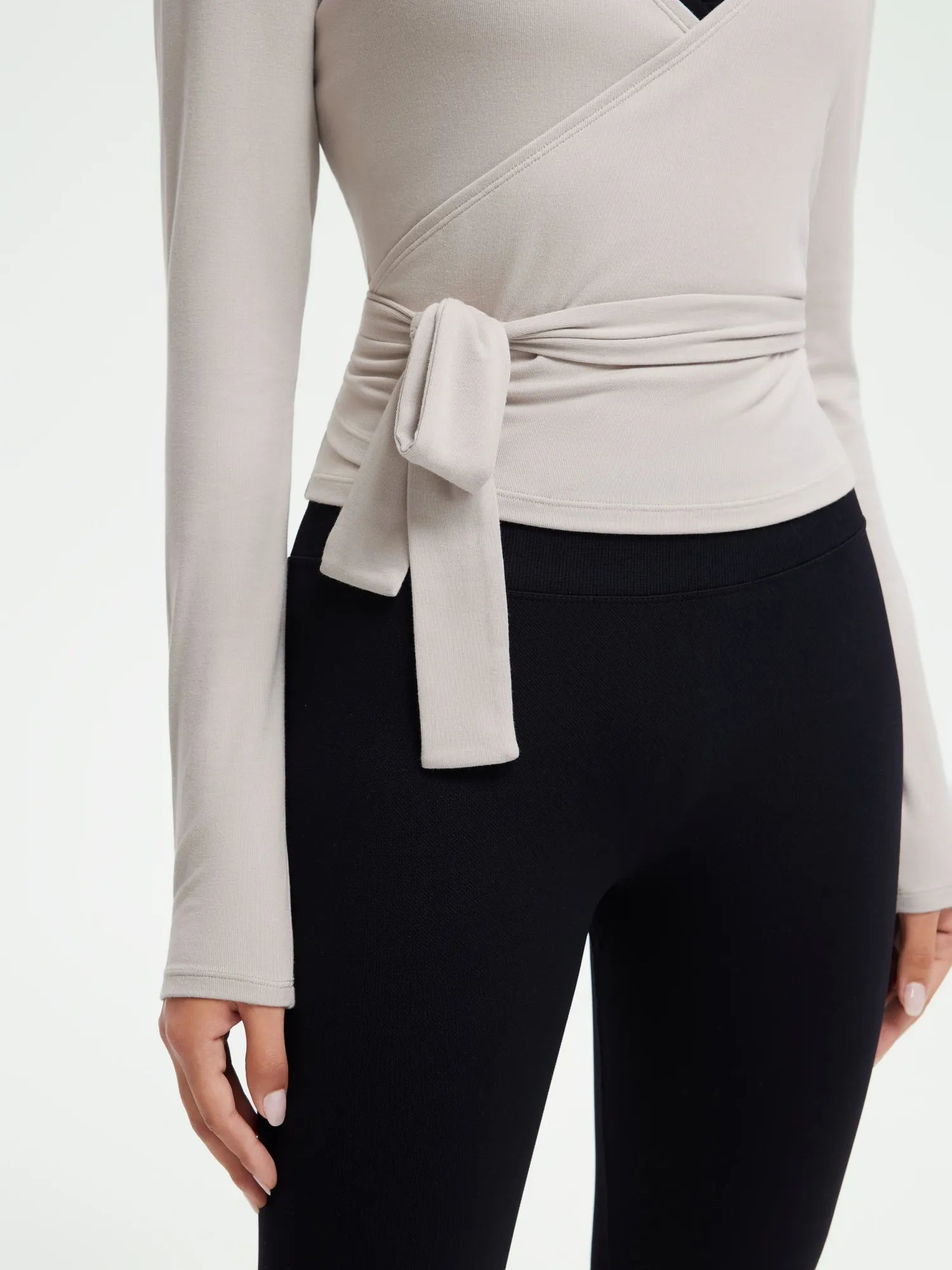 SUUKSESS Women Pilates Wrap Workout Cropped Top Ribbed Long Sleeve V Neck Tie Front Ballet Yoga Shrug Blouse-SUUKSESS-SUUKSESS