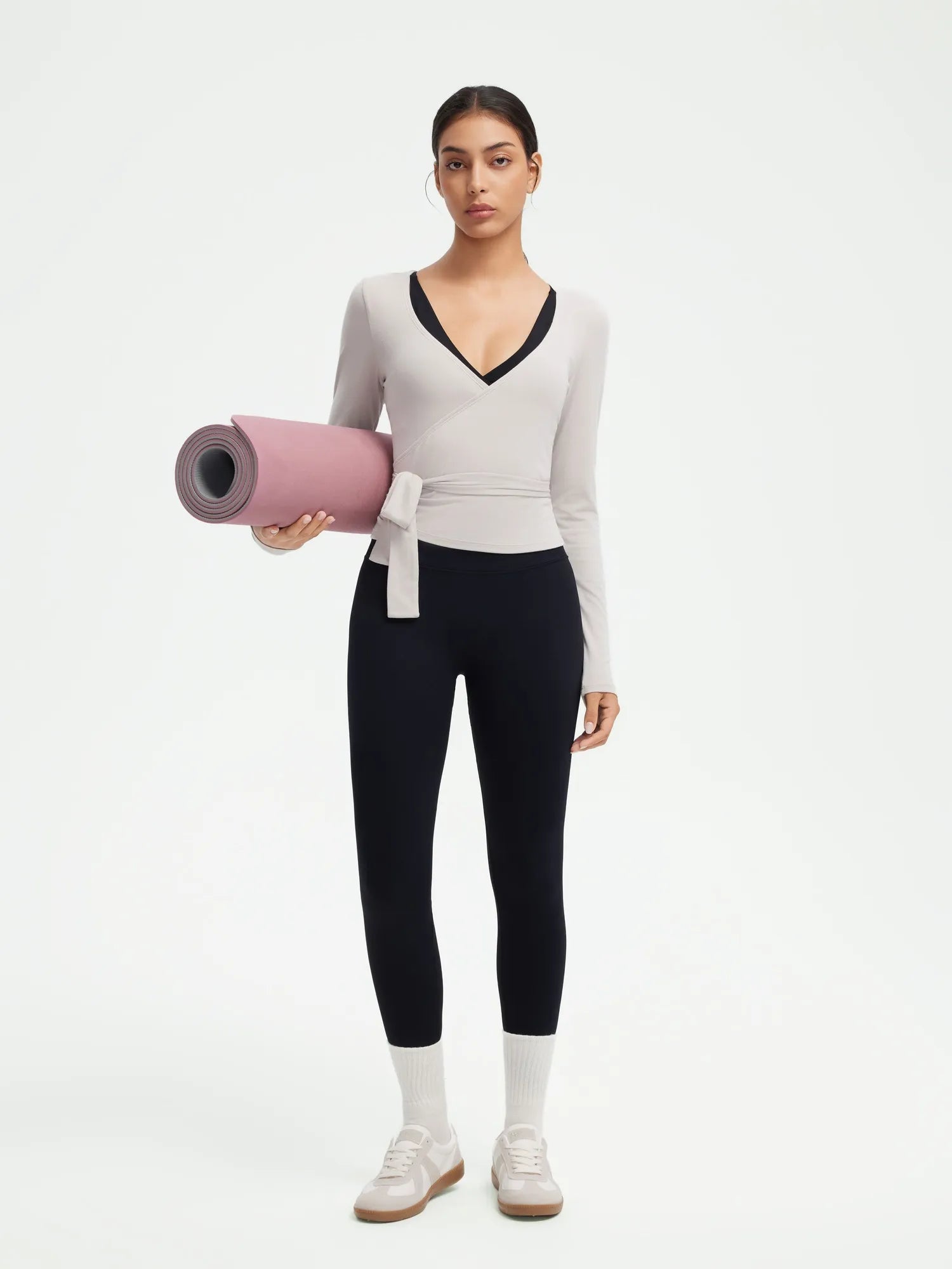 SUUKSESS Women Pilates Wrap Workout Cropped Top Ribbed Long Sleeve V Neck Tie Front Ballet Yoga Shrug Blouse-SUUKSESS-SUUKSESS