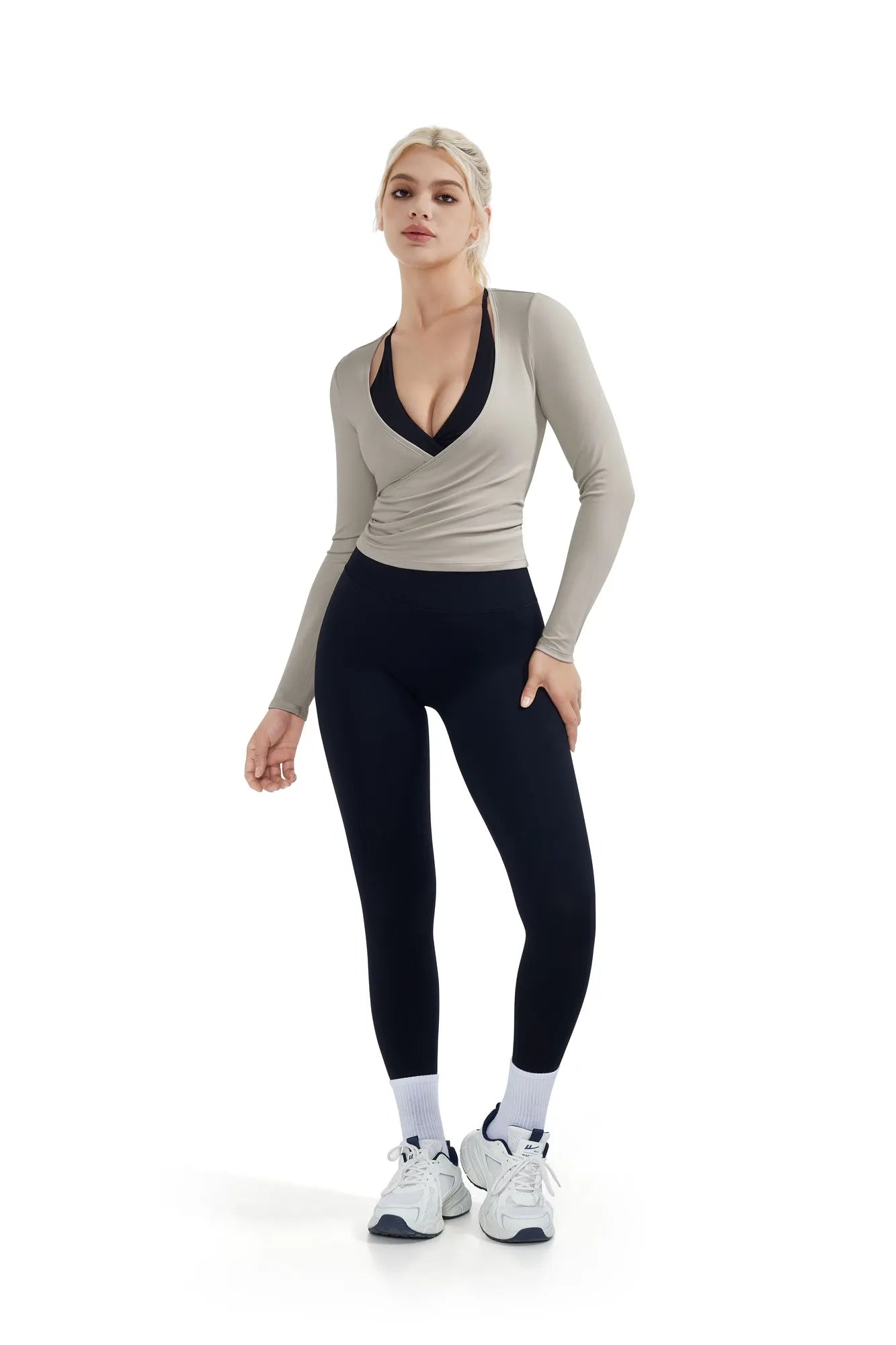 SUUKSESS Women Pilates Wrap Workout Cropped Top Ribbed Long Sleeve V Neck Tie Front Ballet Yoga Shrug Blouse-SUUKSESS-SUUKSESS