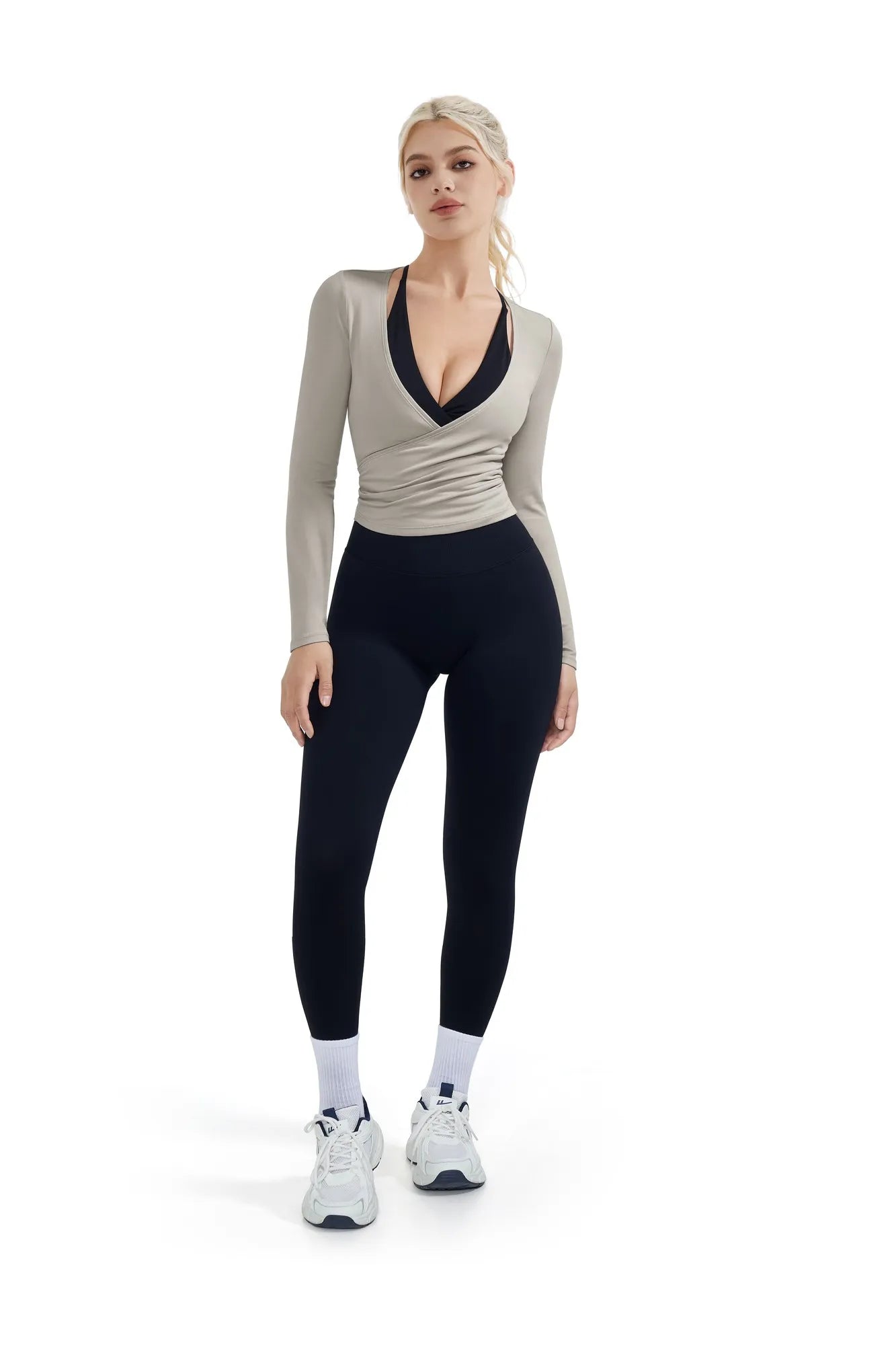 SUUKSESS Women Pilates Wrap Workout Cropped Top Ribbed Long Sleeve V Neck Tie Front Ballet Yoga Shrug Blouse-SUUKSESS-SUUKSESS