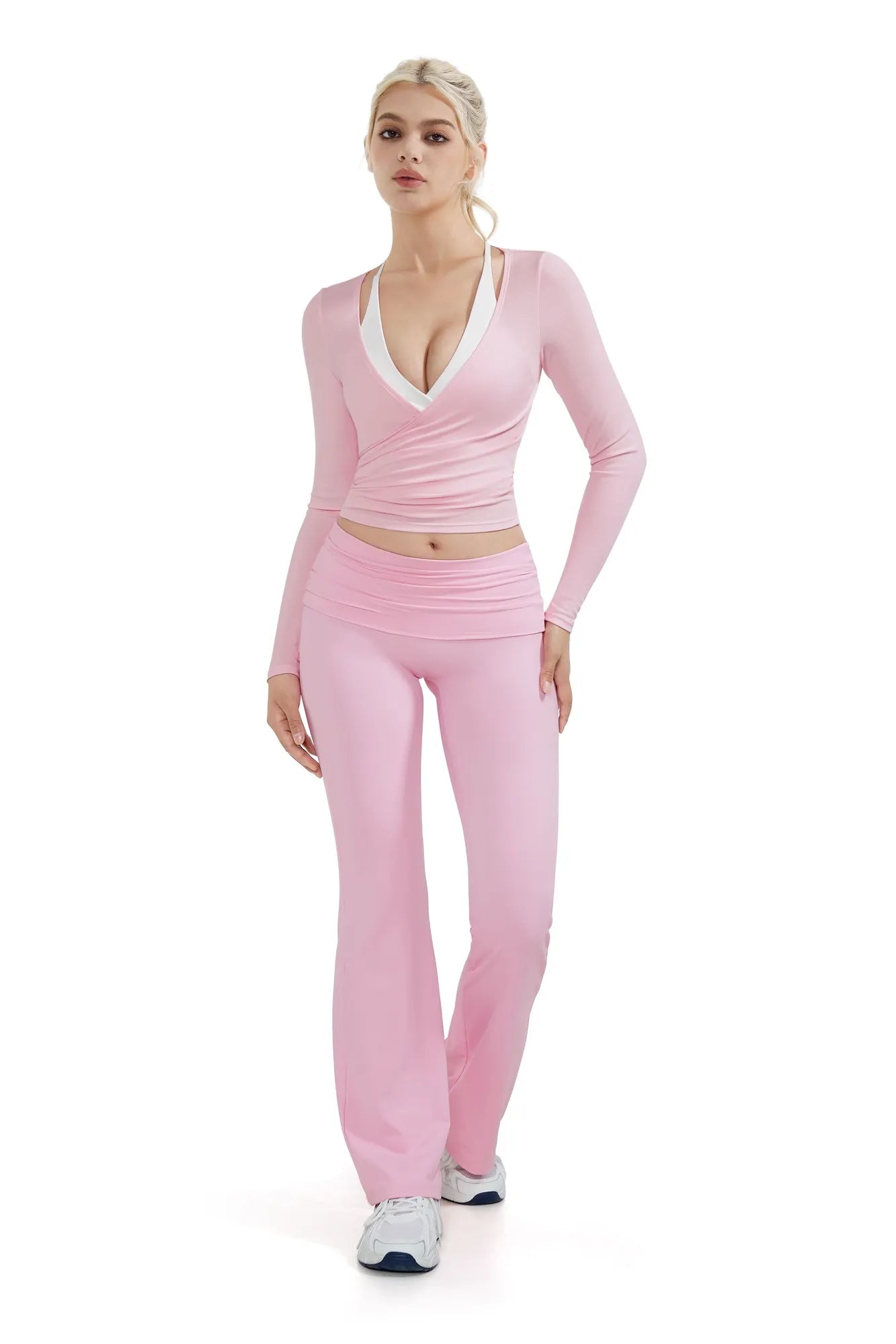 SUUKSESS Women Pilates Wrap Workout Cropped Top Ribbed Long Sleeve V Neck Tie Front Ballet Yoga Shrug Blouse-SUUKSESS-SUUKSESS