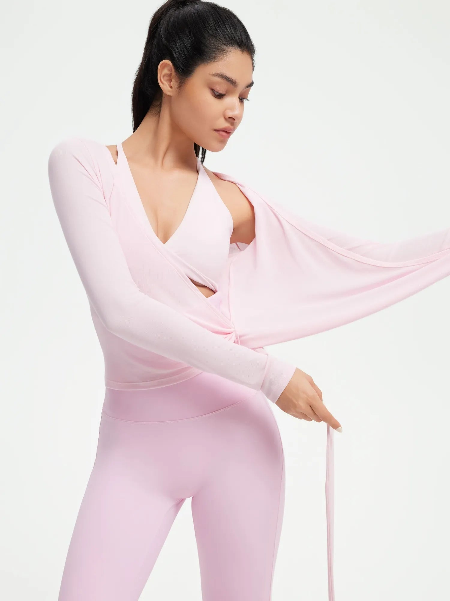 SUUKSESS Women Pilates Wrap Workout Cropped Top Ribbed Long Sleeve V Neck Tie Front Ballet Yoga Shrug Blouse-SUUKSESS-SUUKSESS