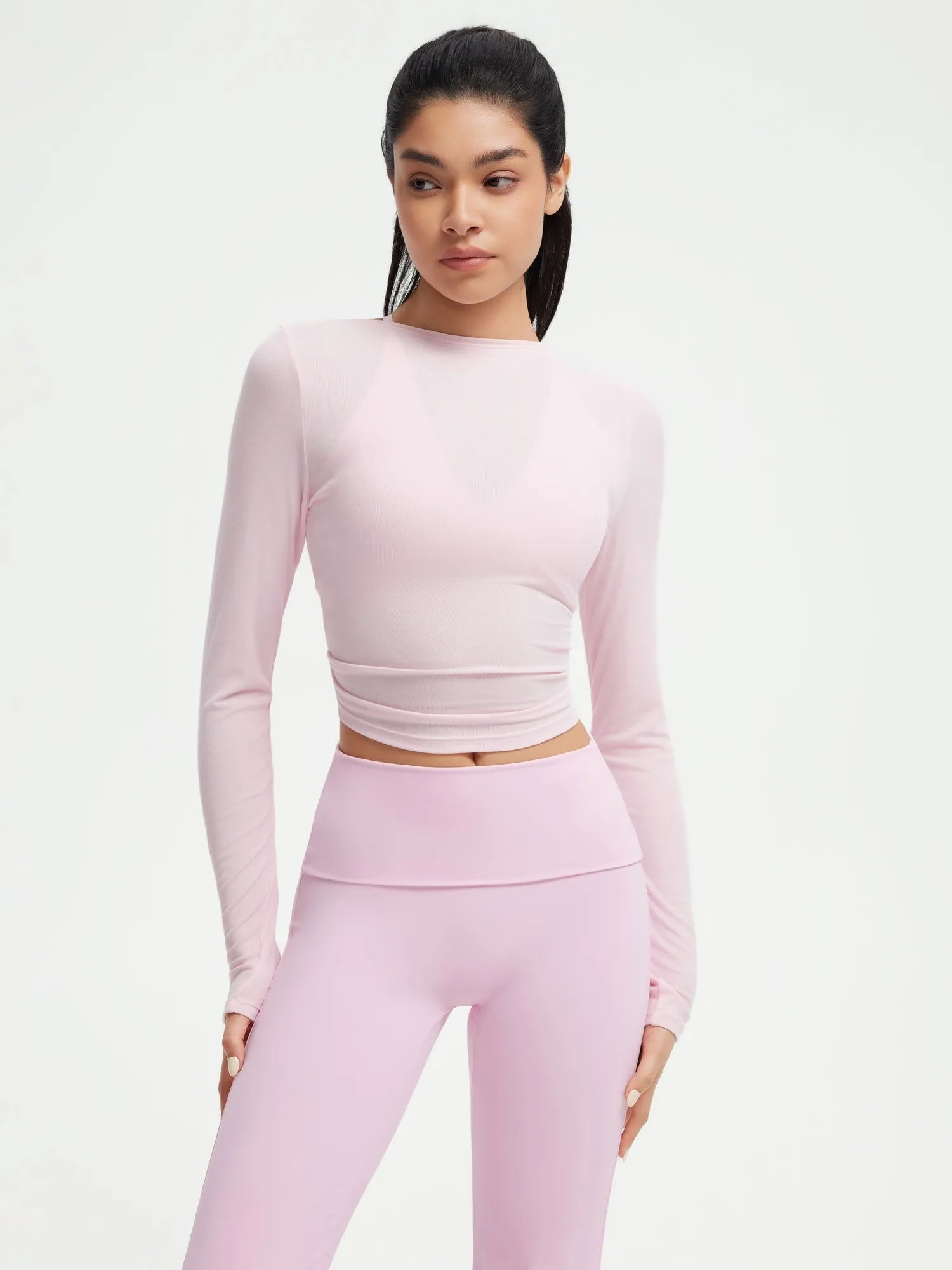 SUUKSESS Women Pilates Wrap Workout Cropped Top Ribbed Long Sleeve V Neck Tie Front Ballet Yoga Shrug Blouse-SUUKSESS-SUUKSESS