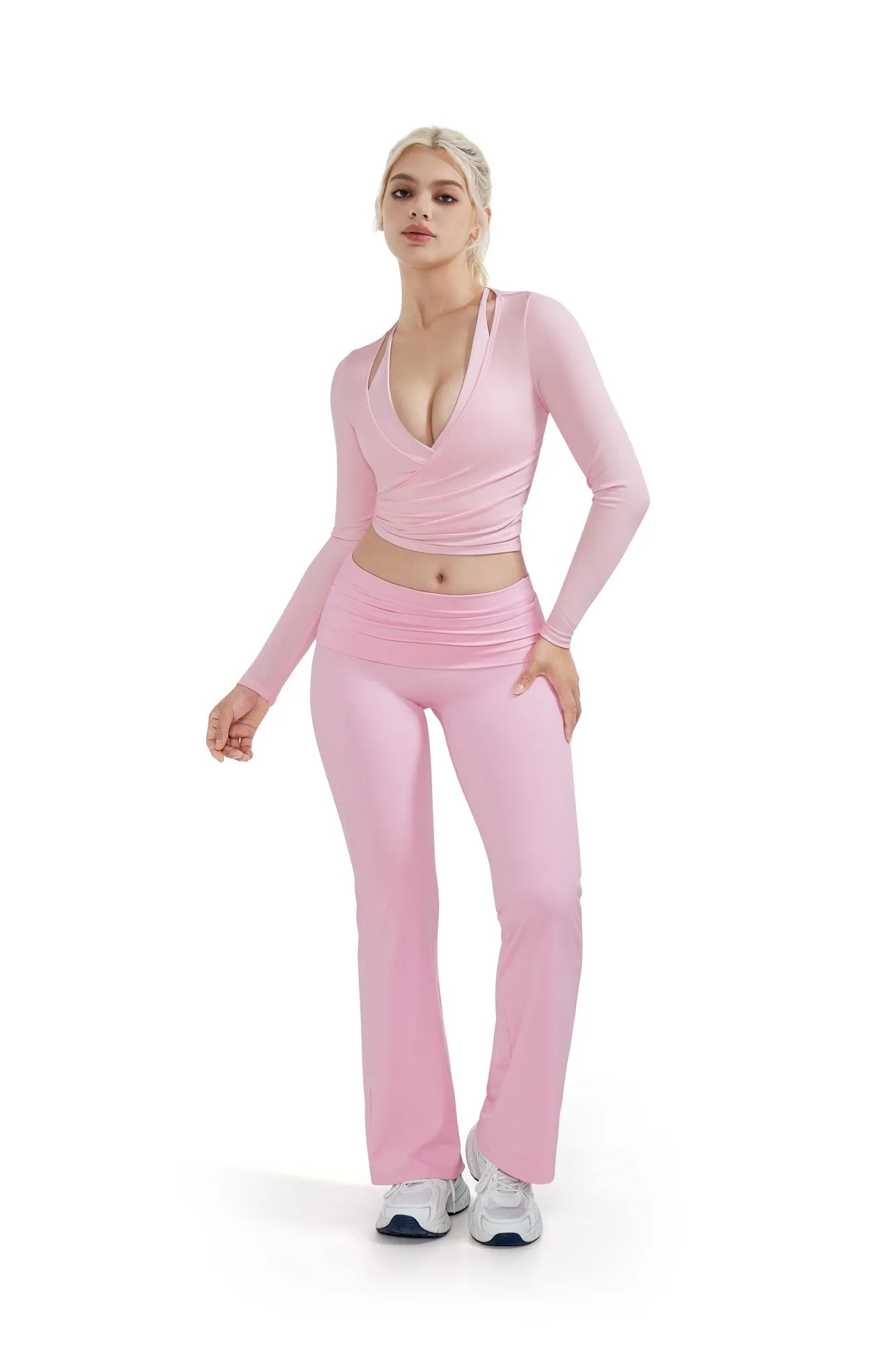 SUUKSESS Women Pilates Wrap Workout Cropped Top Ribbed Long Sleeve V Neck Tie Front Ballet Yoga Shrug Blouse-SUUKSESS-SUUKSESS