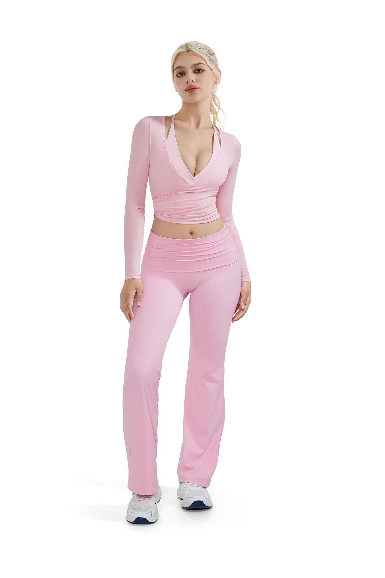 SUUKSESS Women Pilates Wrap Workout Cropped Top Ribbed Long Sleeve V Neck Tie Front Ballet Yoga Shrug Blouse-SUUKSESS-SUUKSESS