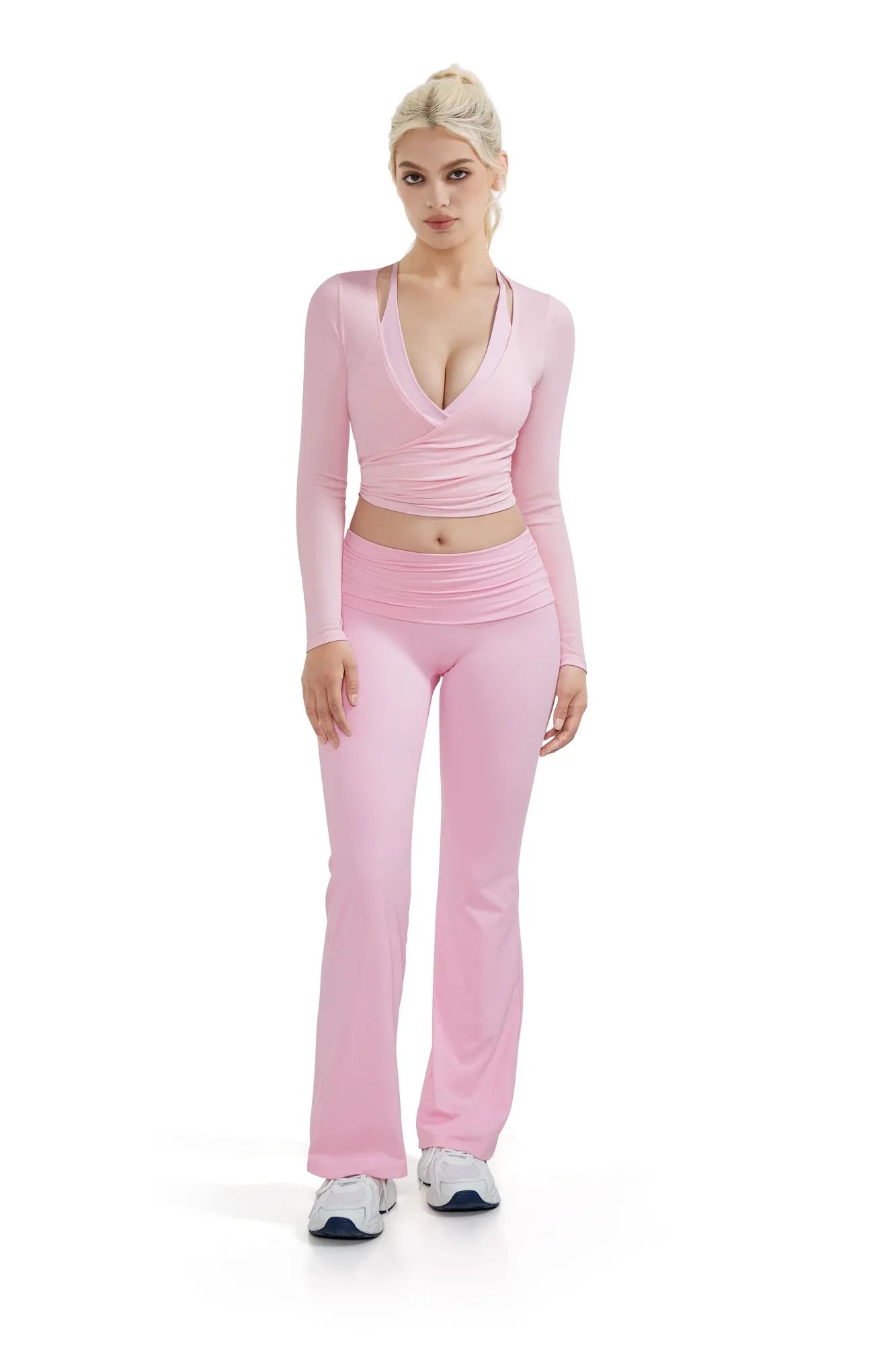 SUUKSESS Women Pilates Wrap Workout Cropped Top Ribbed Long Sleeve V Neck Tie Front Ballet Yoga Shrug Blouse-SUUKSESS-SUUKSESS