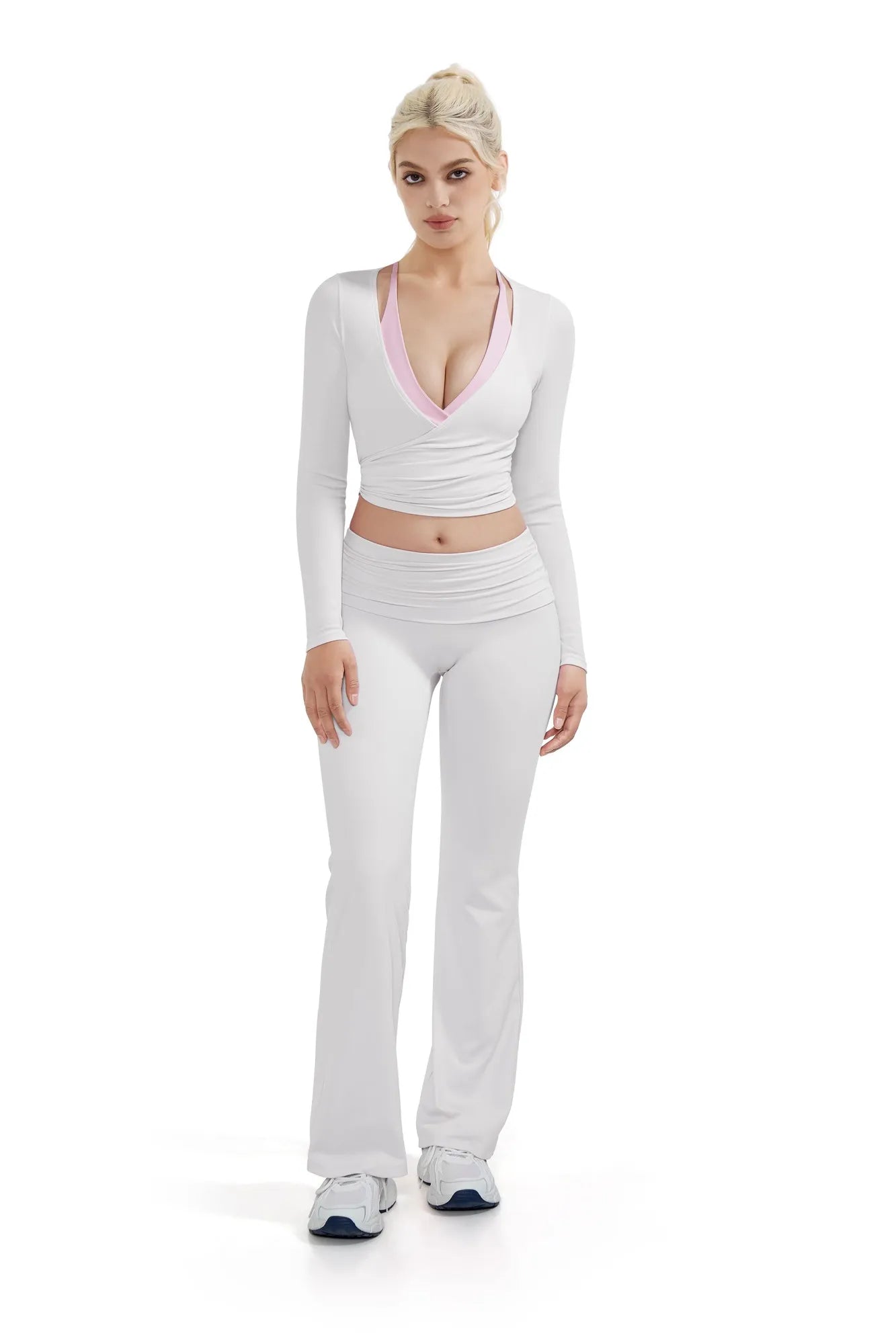 SUUKSESS Women Pilates Wrap Workout Cropped Top Ribbed Long Sleeve V Neck Tie Front Ballet Yoga Shrug Blouse-SUUKSESS-White-XS-SUUKSESS