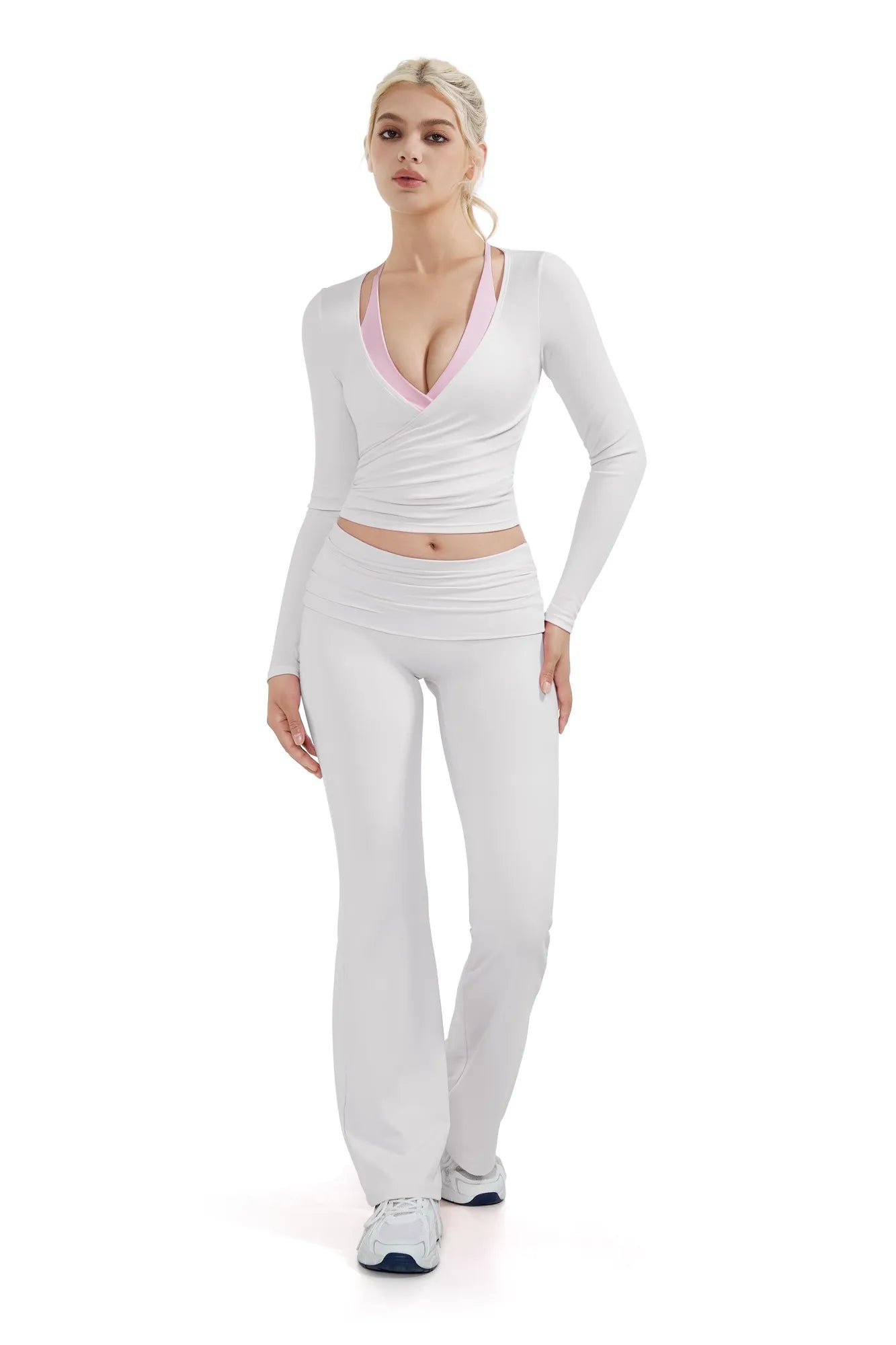 SUUKSESS Women Pilates Wrap Workout Cropped Top Ribbed Long Sleeve V Neck Tie Front Ballet Yoga Shrug Blouse-SUUKSESS-SUUKSESS