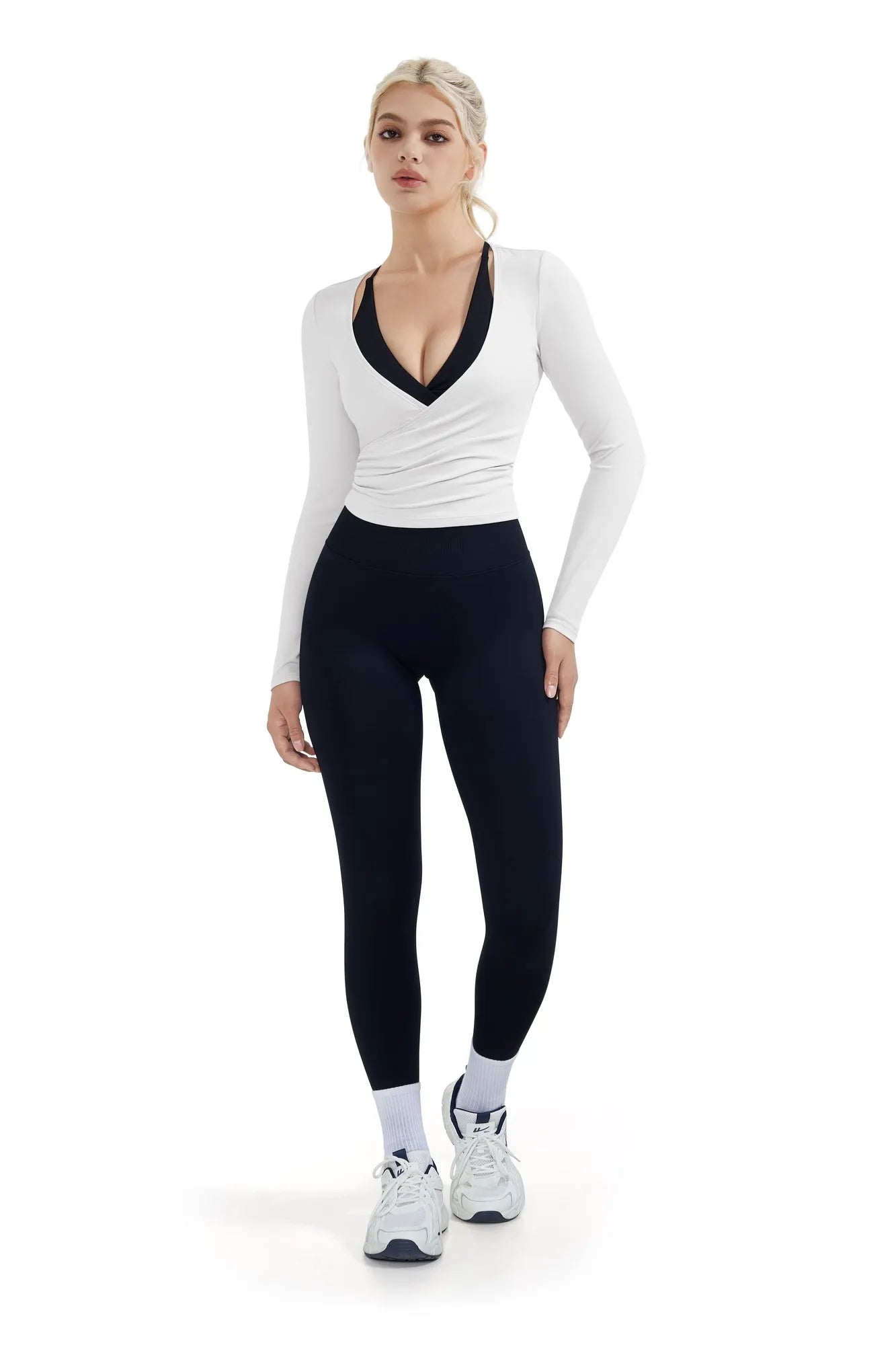 SUUKSESS Women Pilates Wrap Workout Cropped Top Ribbed Long Sleeve V Neck Tie Front Ballet Yoga Shrug Blouse-SUUKSESS-SUUKSESS