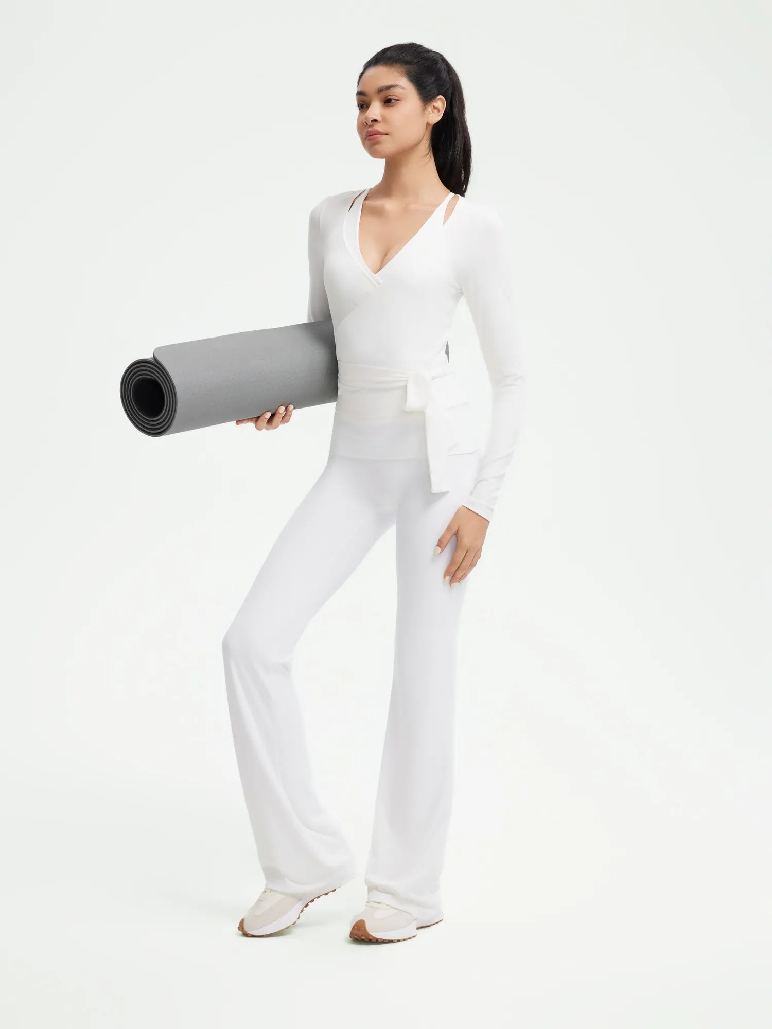 SUUKSESS Women Pilates Wrap Workout Cropped Top Ribbed Long Sleeve V Neck Tie Front Ballet Yoga Shrug Blouse-SUUKSESS-SUUKSESS