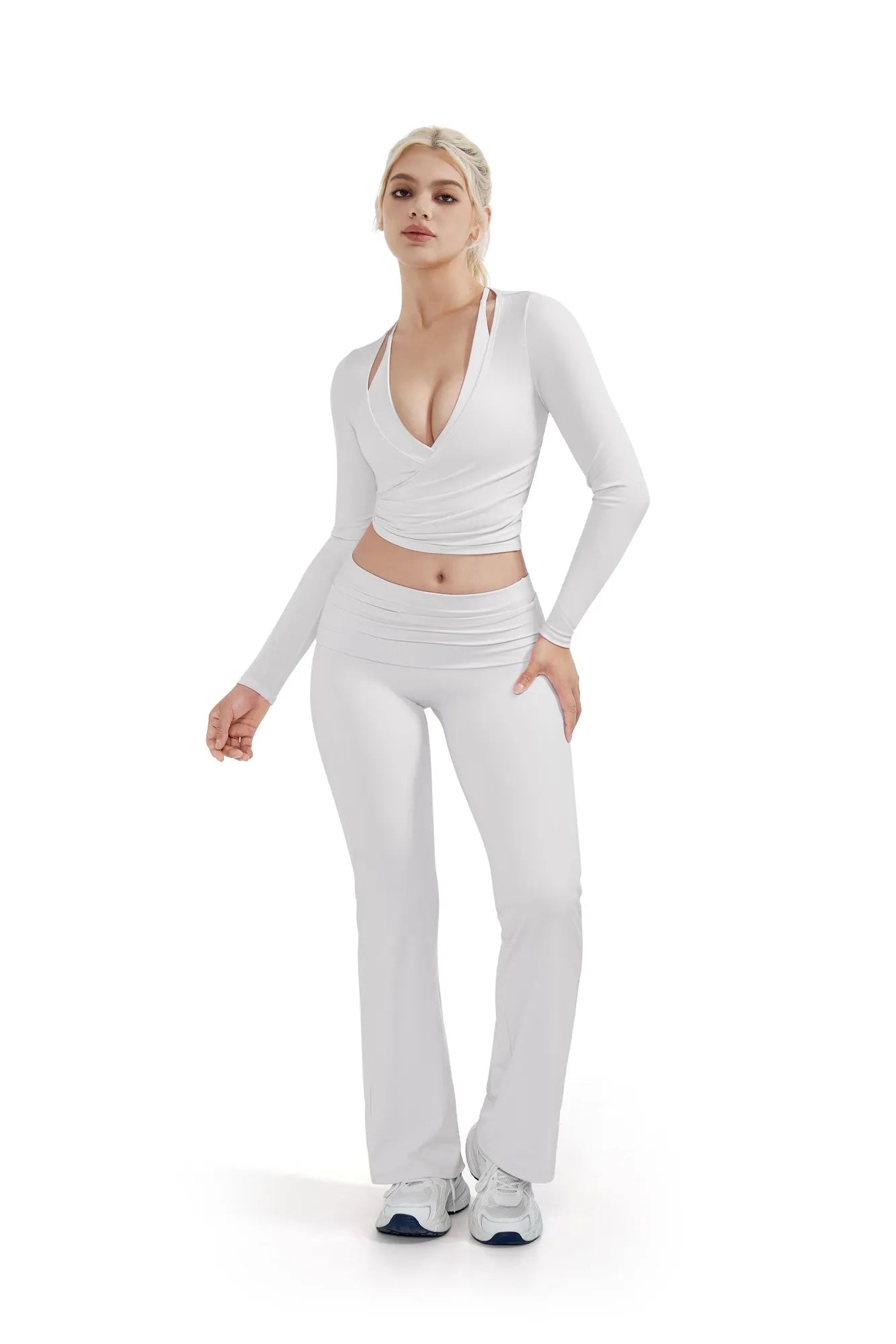 SUUKSESS Women Pilates Wrap Workout Cropped Top Ribbed Long Sleeve V Neck Tie Front Ballet Yoga Shrug Blouse-SUUKSESS-SUUKSESS