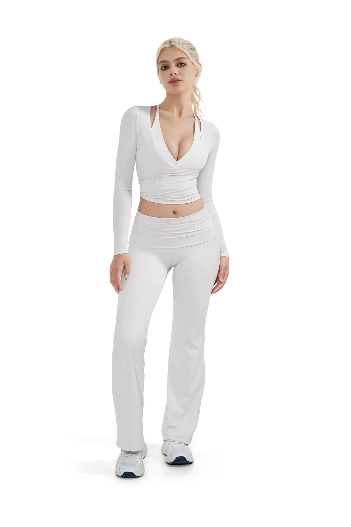 SUUKSESS Women Pilates Wrap Workout Cropped Top Ribbed Long Sleeve V Neck Tie Front Ballet Yoga Shrug Blouse-SUUKSESS-SUUKSESS