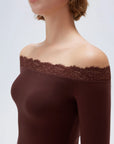 SUUKSESS Cloud Cashmere Lace Trim Off Shoulder Long Sleeve Top Fitted Basic Knit Shirt-SUUKSESS-SUUKSESS
