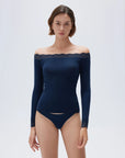 SUUKSESS Cloud Cashmere Lace Trim Off Shoulder Long Sleeve Top Fitted Basic Knit Shirt-SUUKSESS-Navy-XS-SUUKSESS