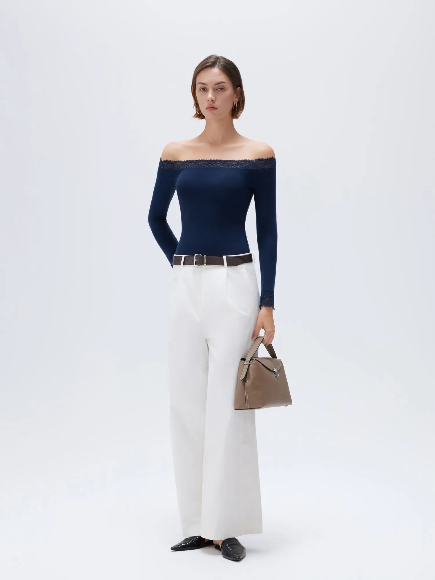 SUUKSESS Cloud Cashmere Lace Trim Off Shoulder Long Sleeve Top Fitted Basic Knit Shirt-SUUKSESS-SUUKSESS