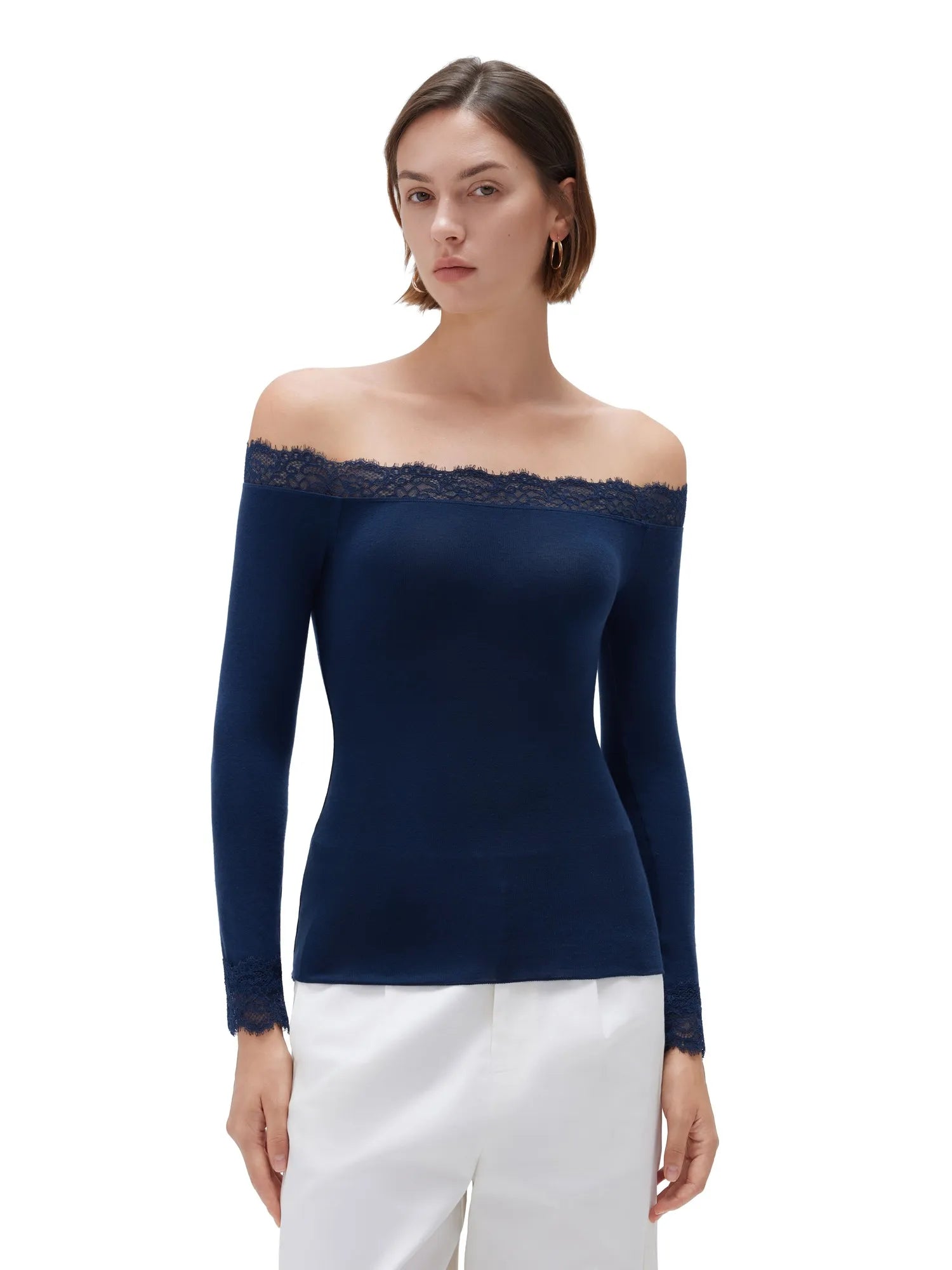SUUKSESS Cloud Cashmere Lace Trim Off Shoulder Long Sleeve Top Fitted Basic Knit Shirt-SUUKSESS-SUUKSESS