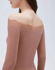 SUUKSESS Cloud Cashmere Lace Trim Off Shoulder Long Sleeve Top Fitted Basic Knit Shirt-SUUKSESS-SUUKSESS