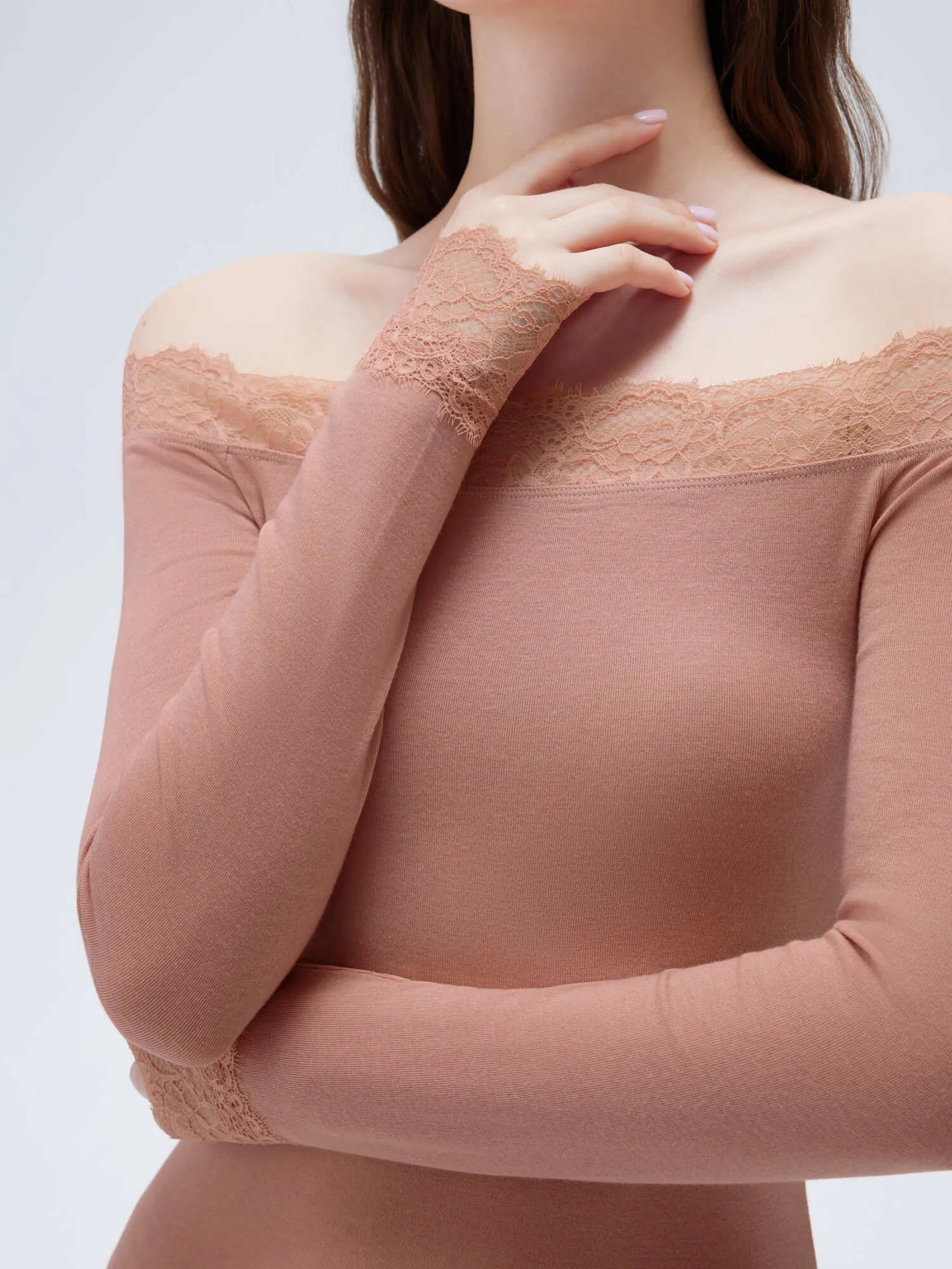 SUUKSESS Cloud Cashmere Lace Trim Off Shoulder Long Sleeve Top Fitted Basic Knit Shirt-SUUKSESS-SUUKSESS