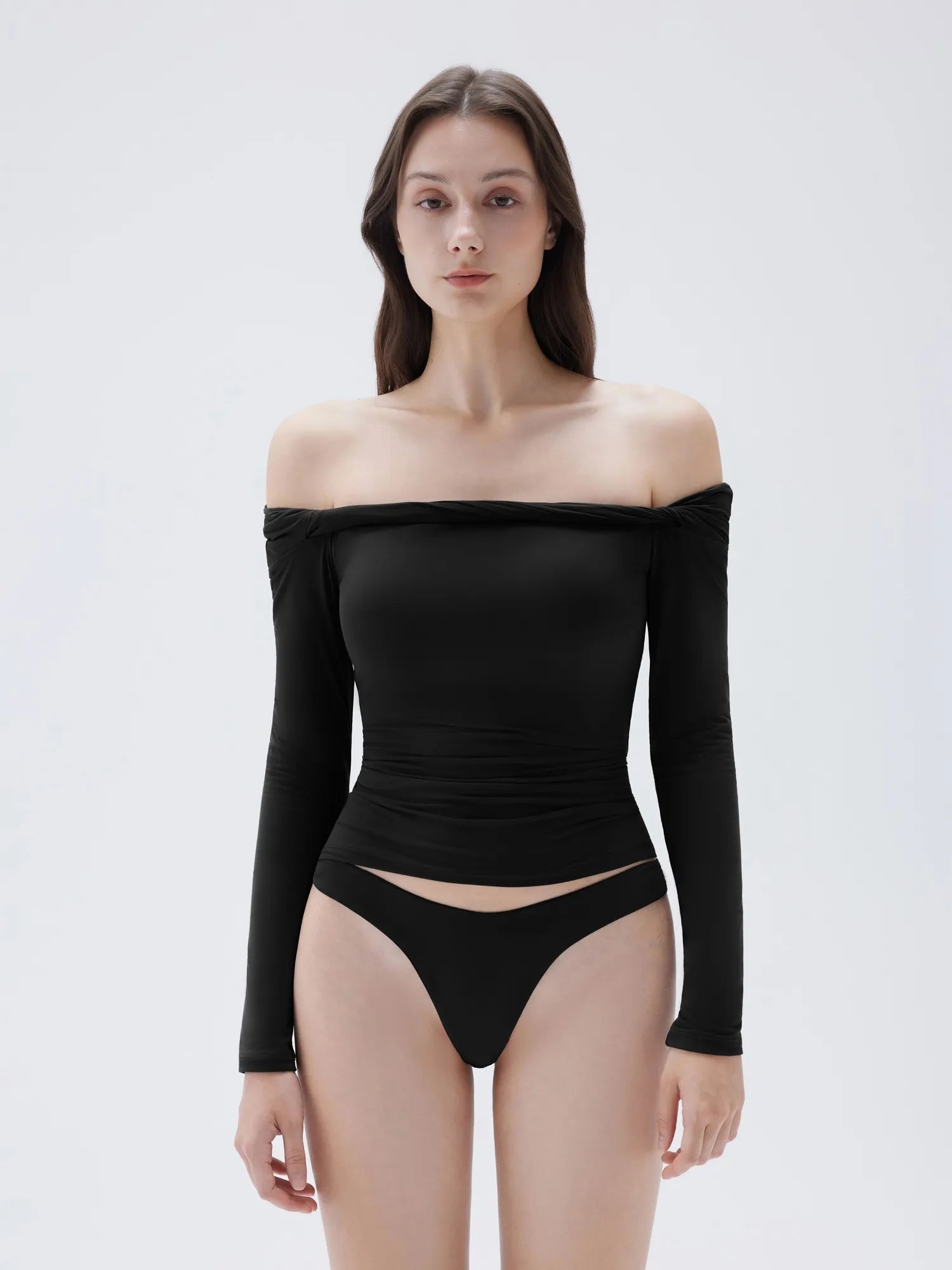 SUUKSESS Women Off The Shoulder Tops with Built in Bra Double Lined Going Out Fitted Basic Fall Shirts-SUUKSESS-Black-XS-SUUKSESS