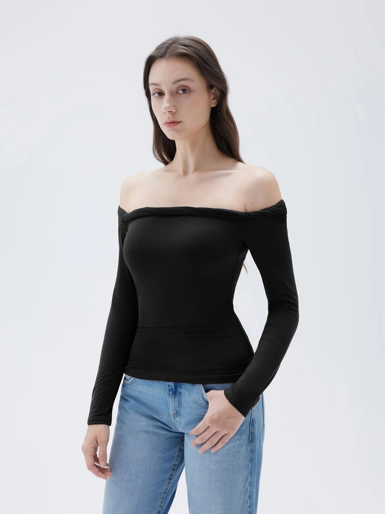 SUUKSESS Women Off The Shoulder Tops with Built in Bra Double Lined Going Out Fitted Basic Fall Shirts-SUUKSESS-SUUKSESS