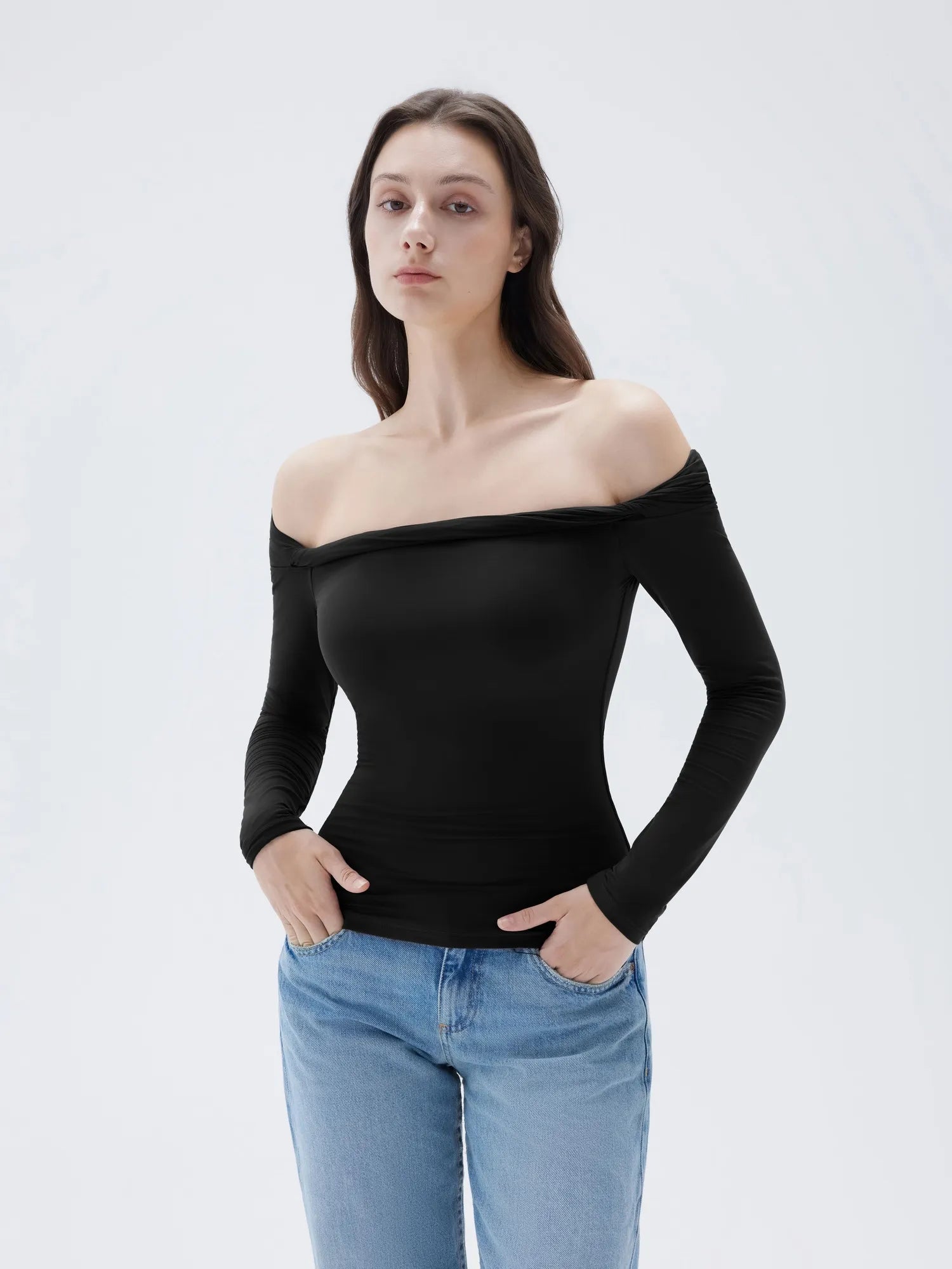 SUUKSESS Women Off The Shoulder Tops with Built in Bra Double Lined Going Out Fitted Basic Fall Shirts-SUUKSESS-SUUKSESS