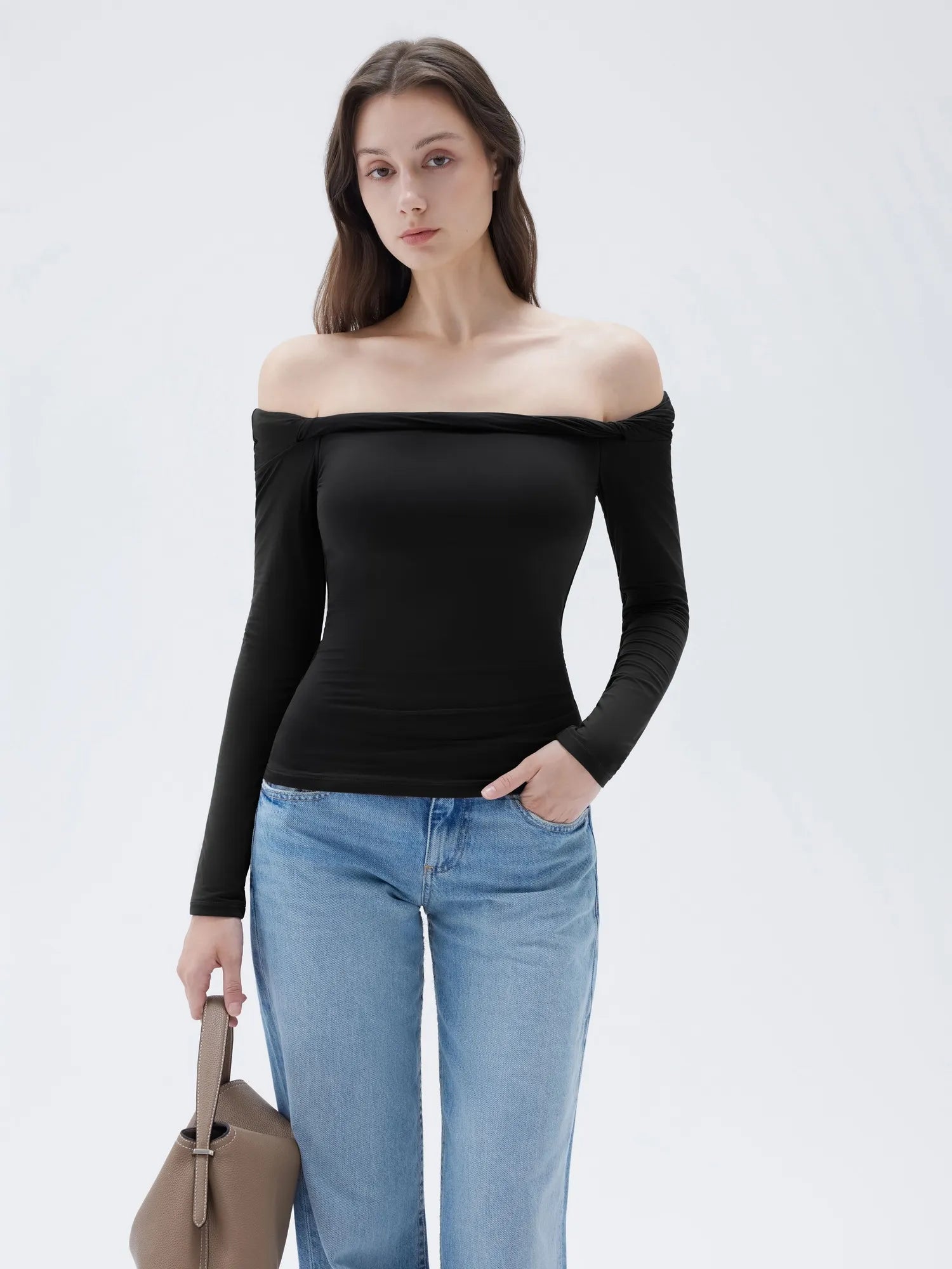 SUUKSESS Women Off The Shoulder Tops with Built in Bra Double Lined Going Out Fitted Basic Fall Shirts-SUUKSESS-SUUKSESS