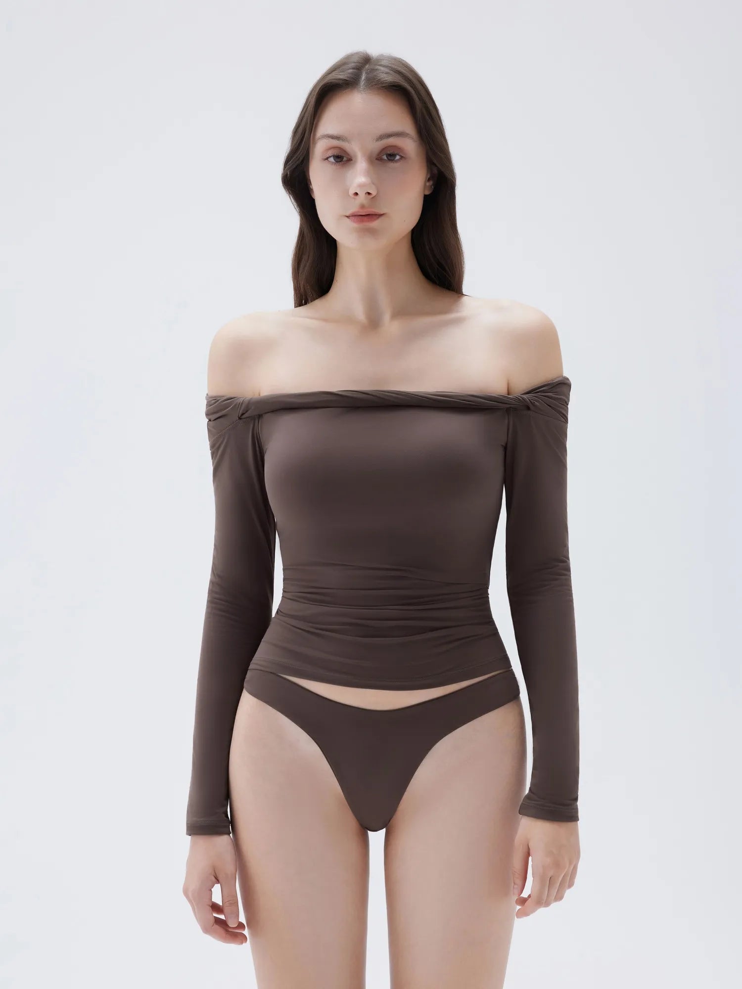 SUUKSESS Women Off The Shoulder Tops with Built in Bra Double Lined Going Out Fitted Basic Fall Shirts-SUUKSESS-Brown-XS-SUUKSESS