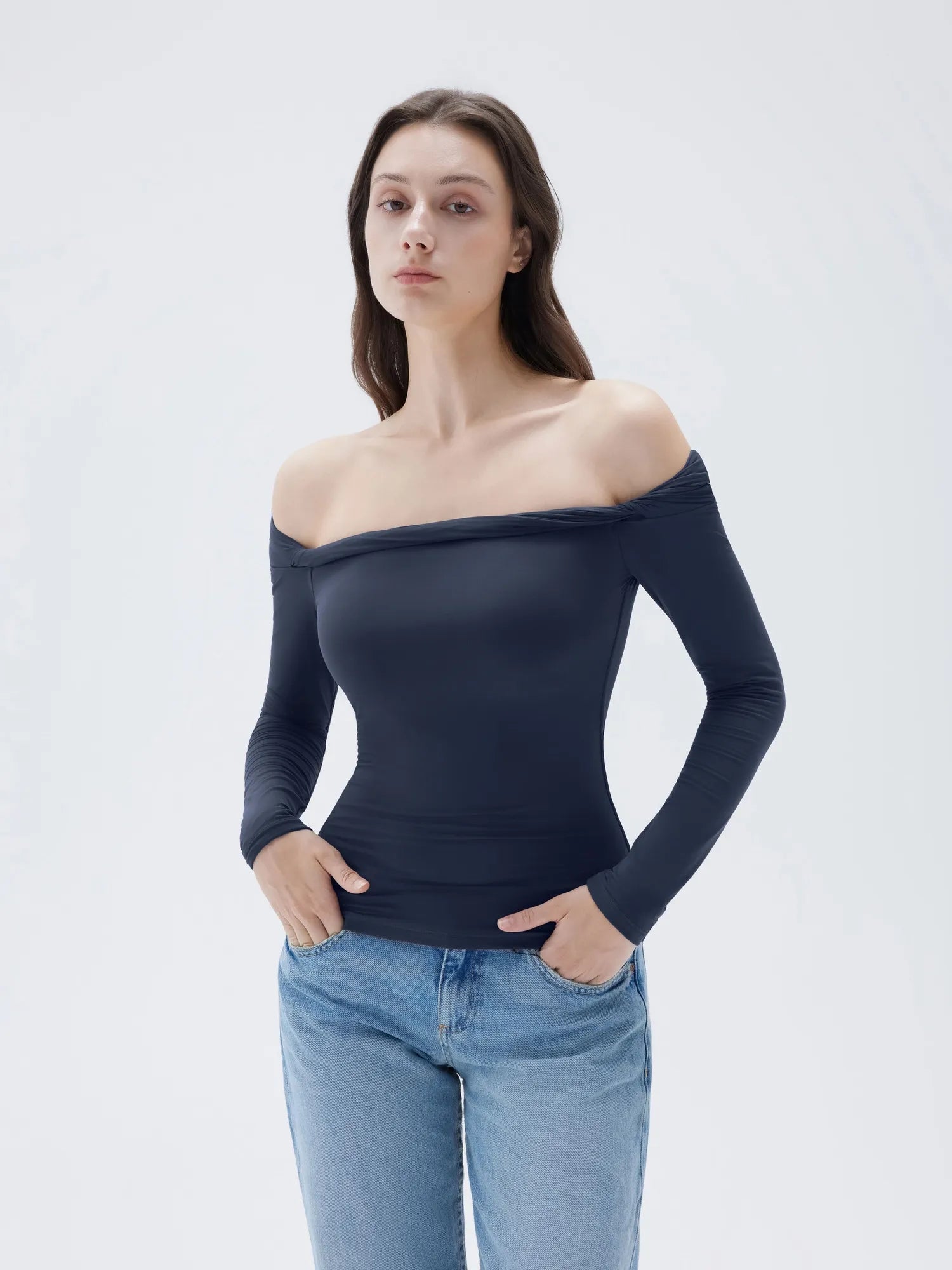 SUUKSESS Women Off The Shoulder Tops with Built in Bra Double Lined Going Out Fitted Basic Fall Shirts-SUUKSESS-SUUKSESS