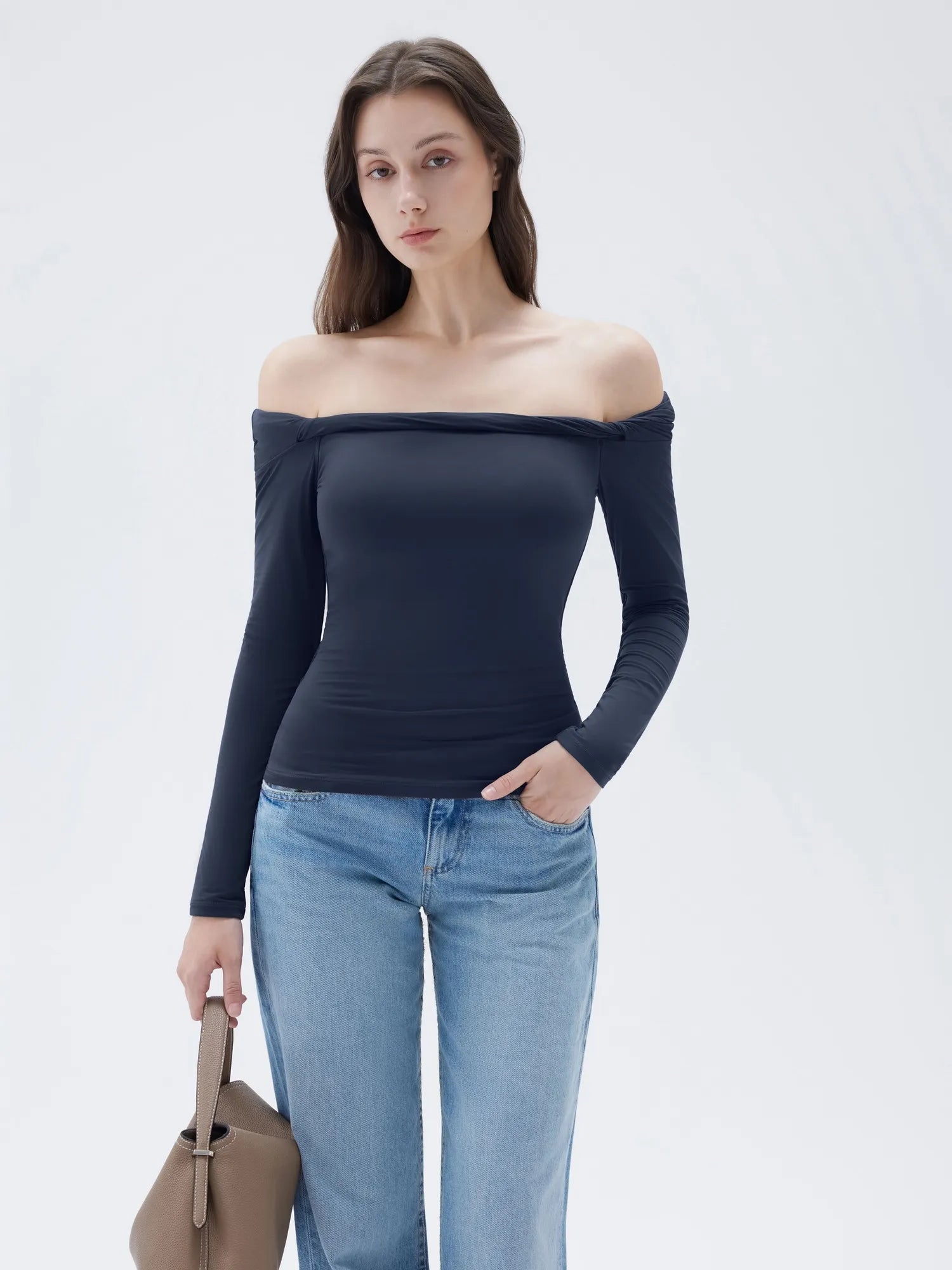 SUUKSESS Women Off The Shoulder Tops with Built in Bra Double Lined Going Out Fitted Basic Fall Shirts-SUUKSESS-SUUKSESS