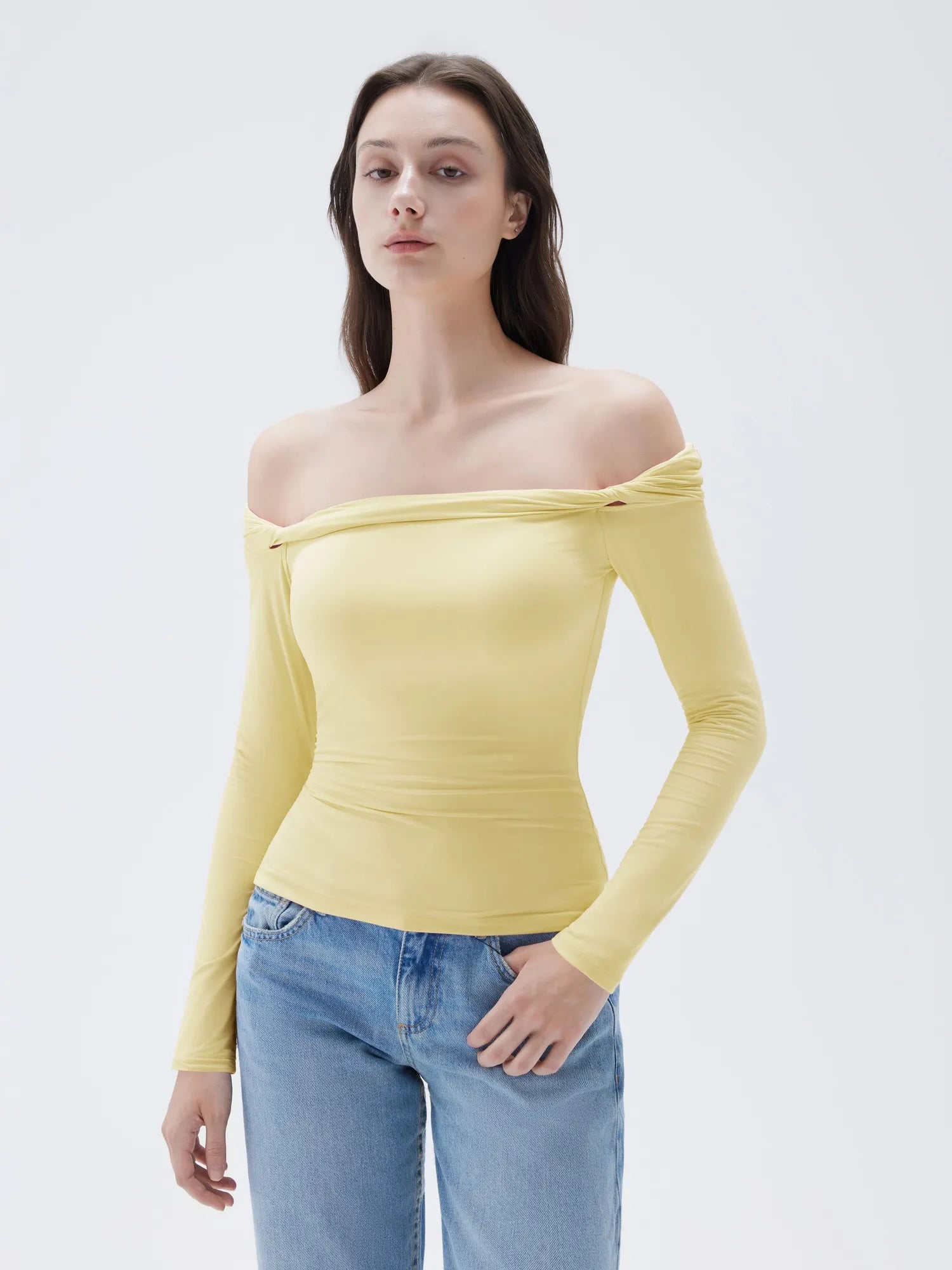 SUUKSESS Women Off The Shoulder Tops with Built in Bra Double Lined Going Out Fitted Basic Fall Shirts-SUUKSESS-Yellow-XS-SUUKSESS
