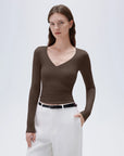 SUUKSESS Women Sexy V Neck Long Sleeve Shirts Double Lined Wrap Going Out Tops-SUUKSESS-Brown-XS-SUUKSESS