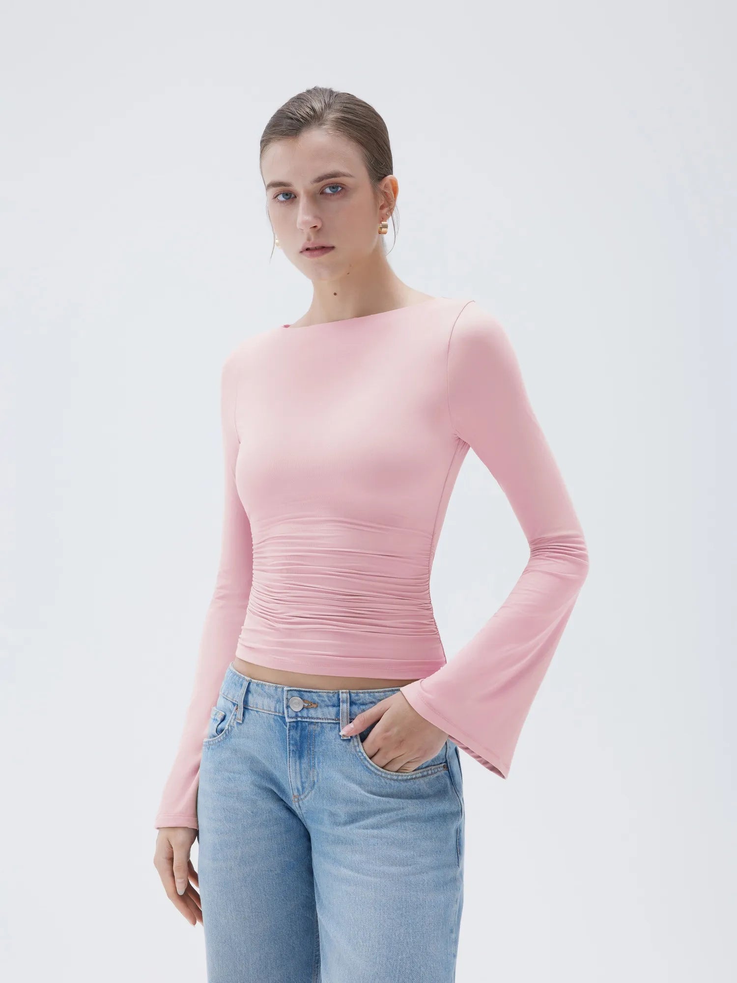 SUUKSESS Women Crew Neck Bell Sleeve Tops Double Lined Going Out Fitted Basic T Shirts-SUUKSESS-Pink-XS-SUUKSESS