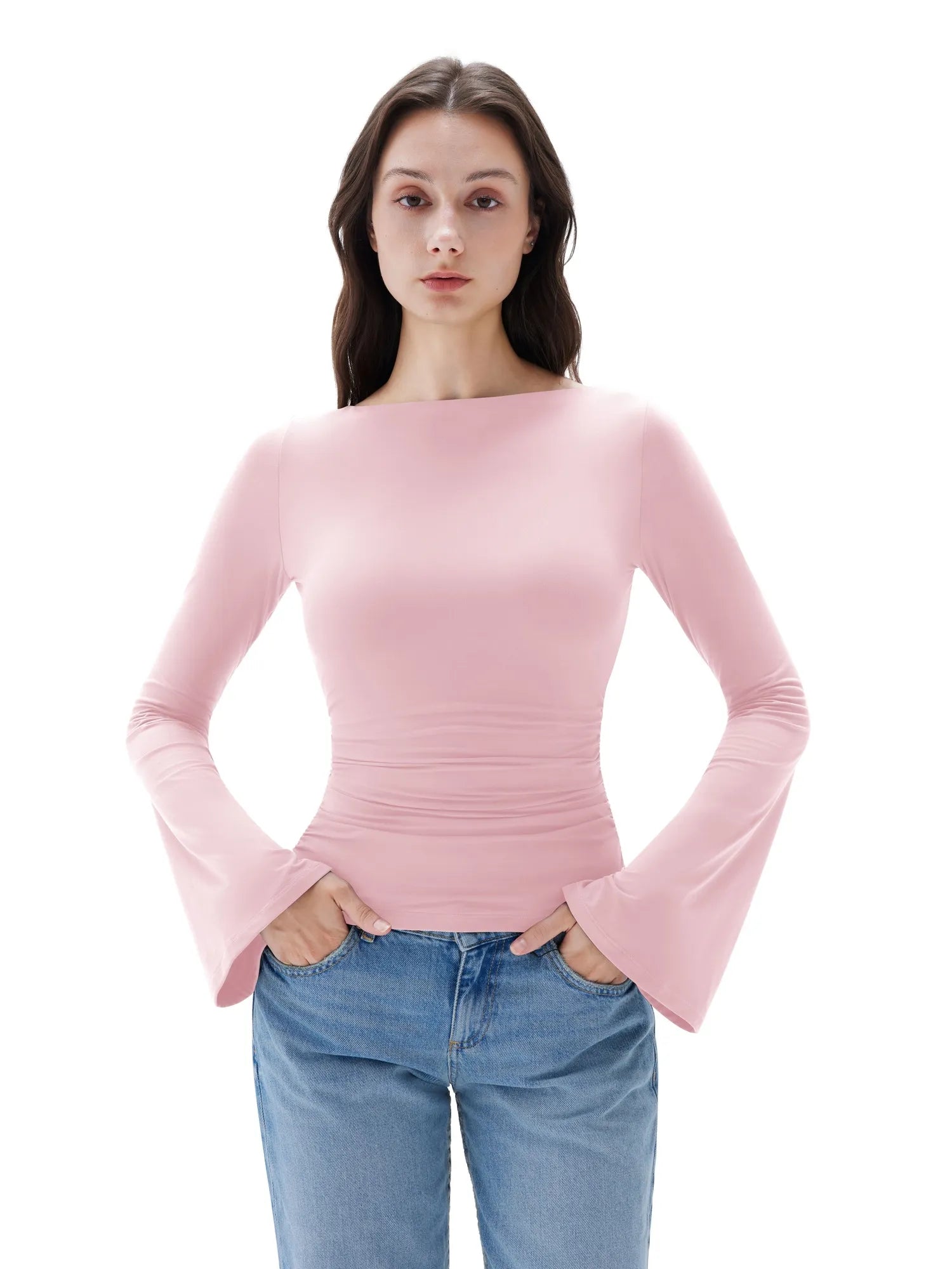 SUUKSESS Women Crew Neck Bell Sleeve Tops Double Lined Going Out Fitted Basic T Shirts-SUUKSESS-SUUKSESS