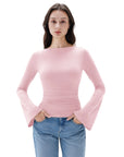 SUUKSESS Women Crew Neck Bell Sleeve Tops Double Lined Going Out Fitted Basic T Shirts-SUUKSESS-SUUKSESS