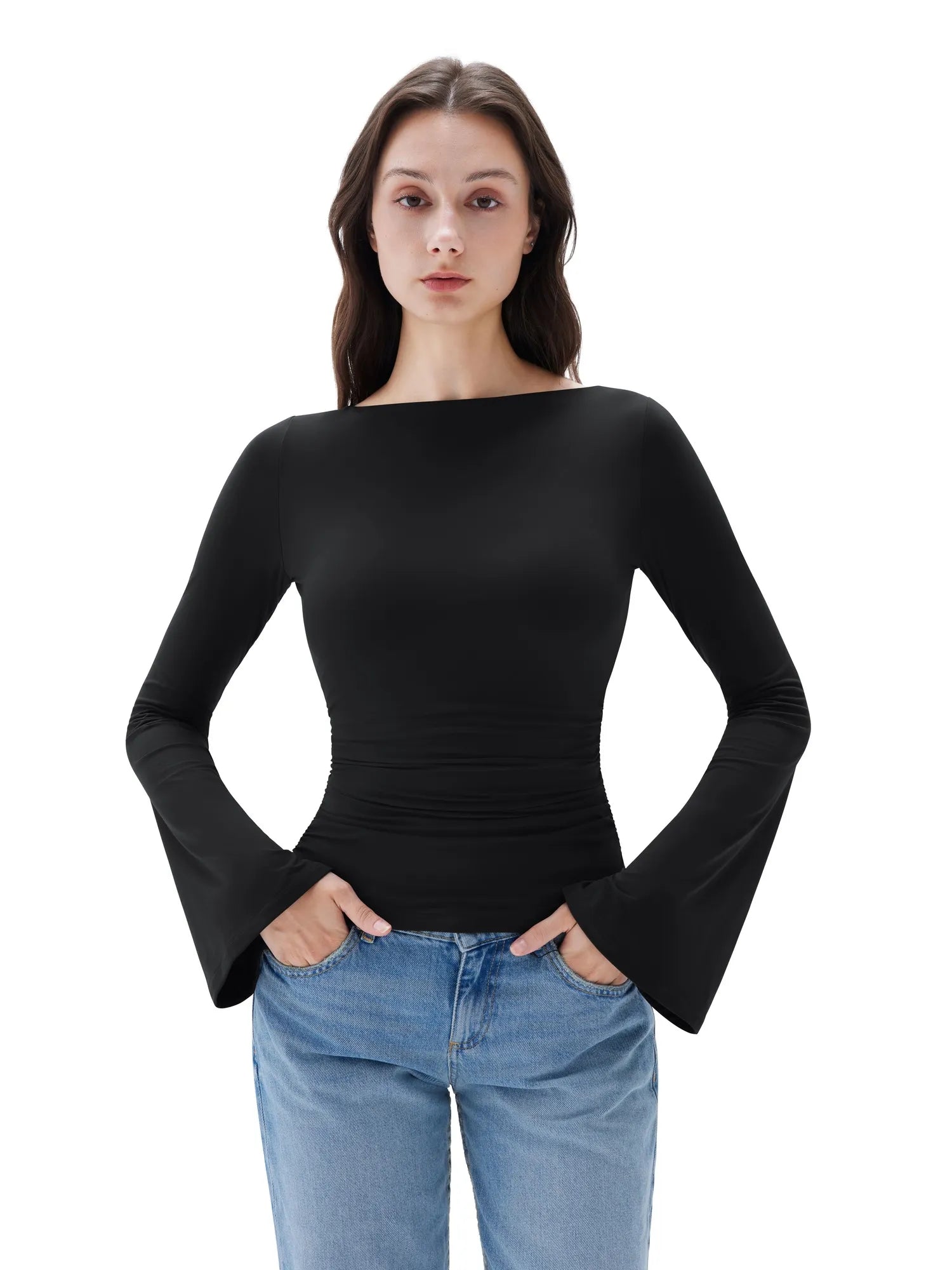 SUUKSESS Women Crew Neck Bell Sleeve Tops Double Lined Going Out Fitted Basic T Shirts-SUUKSESS-SUUKSESS