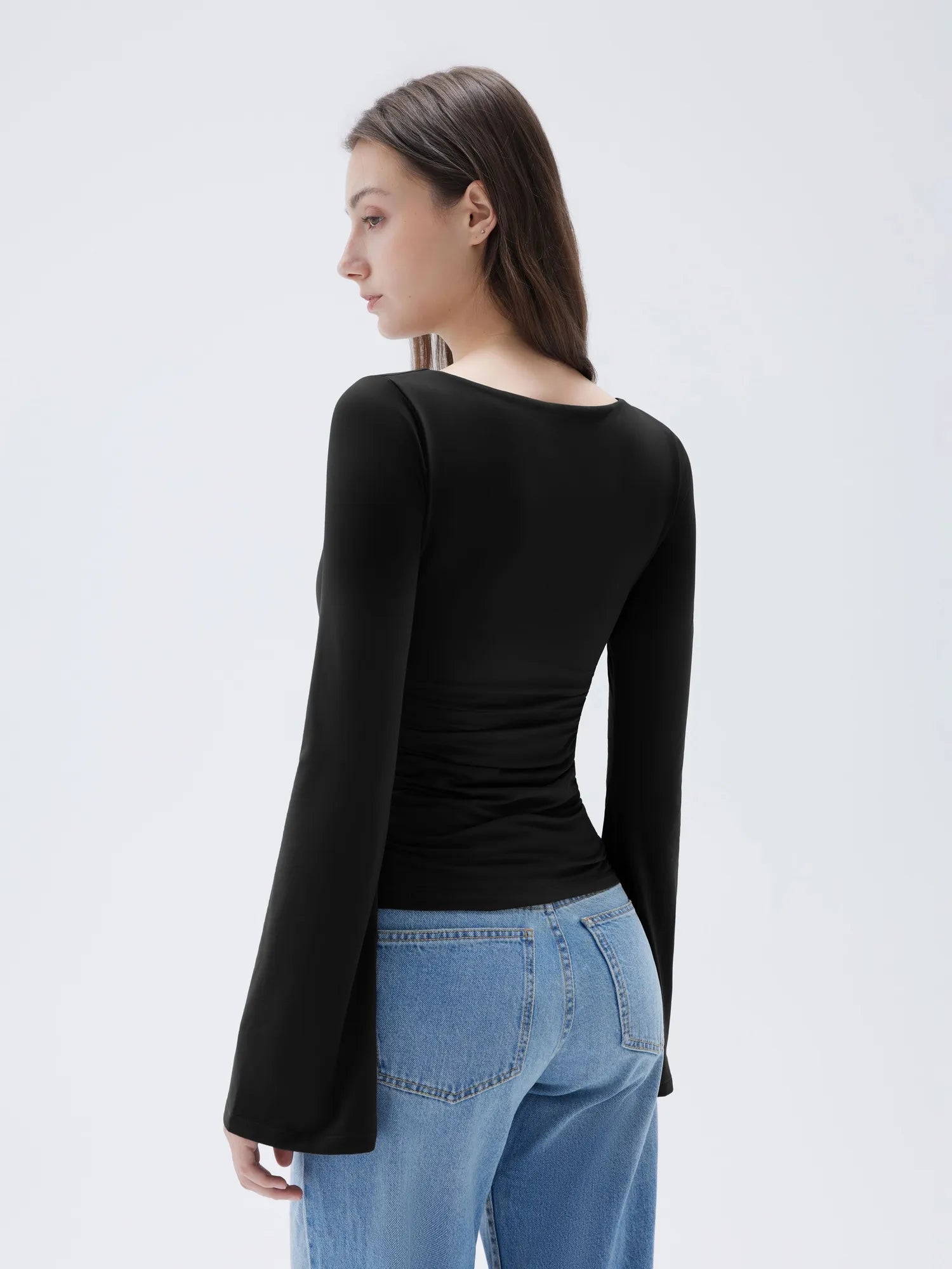 SUUKSESS Women Crew Neck Bell Sleeve Tops Double Lined Going Out Fitted Basic T Shirts-SUUKSESS-SUUKSESS