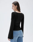 SUUKSESS Women Crew Neck Bell Sleeve Tops Double Lined Going Out Fitted Basic T Shirts-SUUKSESS-SUUKSESS