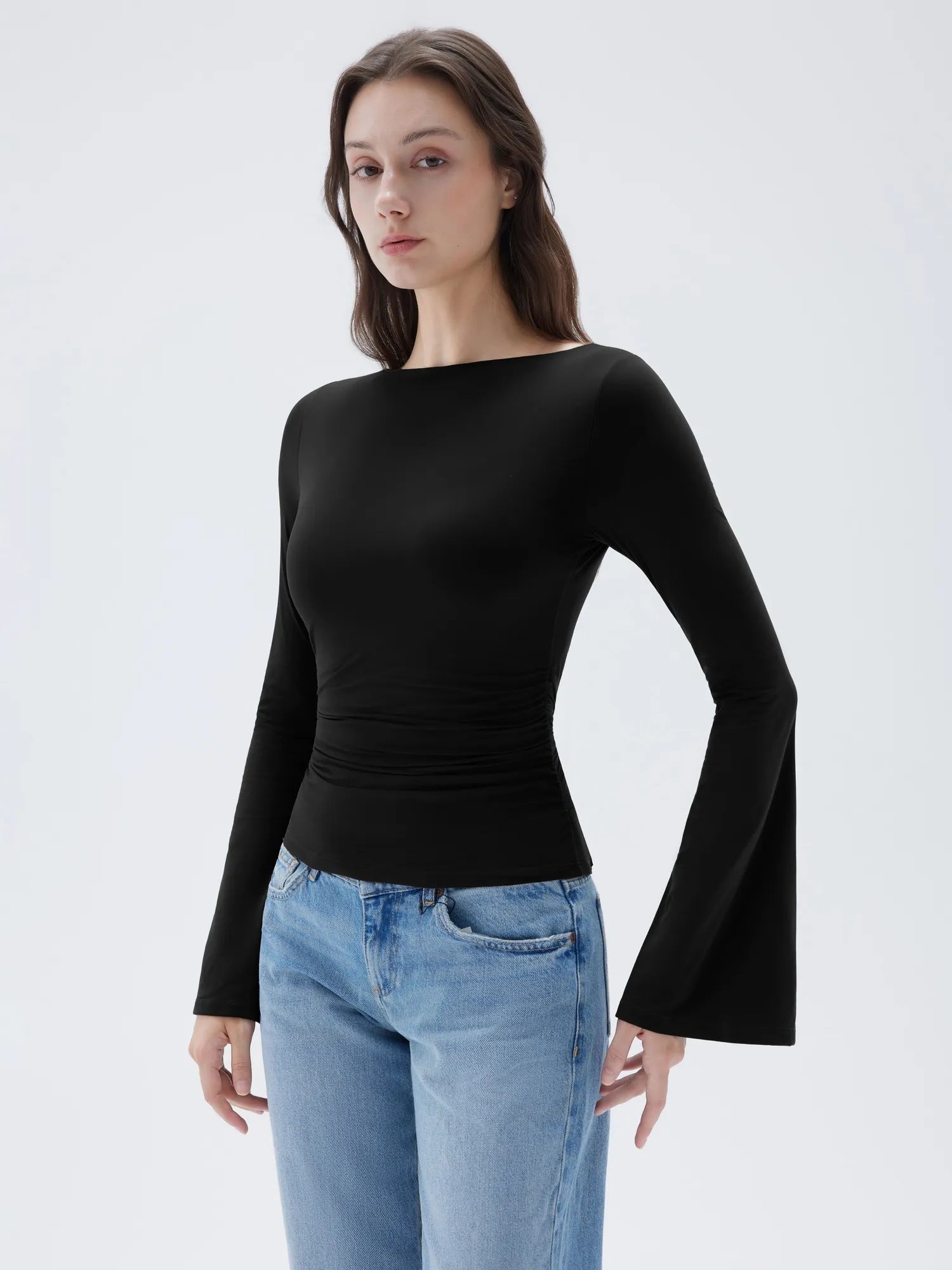 SUUKSESS Women Crew Neck Bell Sleeve Tops Double Lined Going Out Fitted Basic T Shirts-SUUKSESS-SUUKSESS
