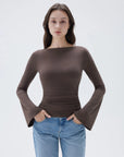 SUUKSESS Women Crew Neck Bell Sleeve Tops Double Lined Going Out Fitted Basic T Shirts-SUUKSESS-Brown-XS-SUUKSESS