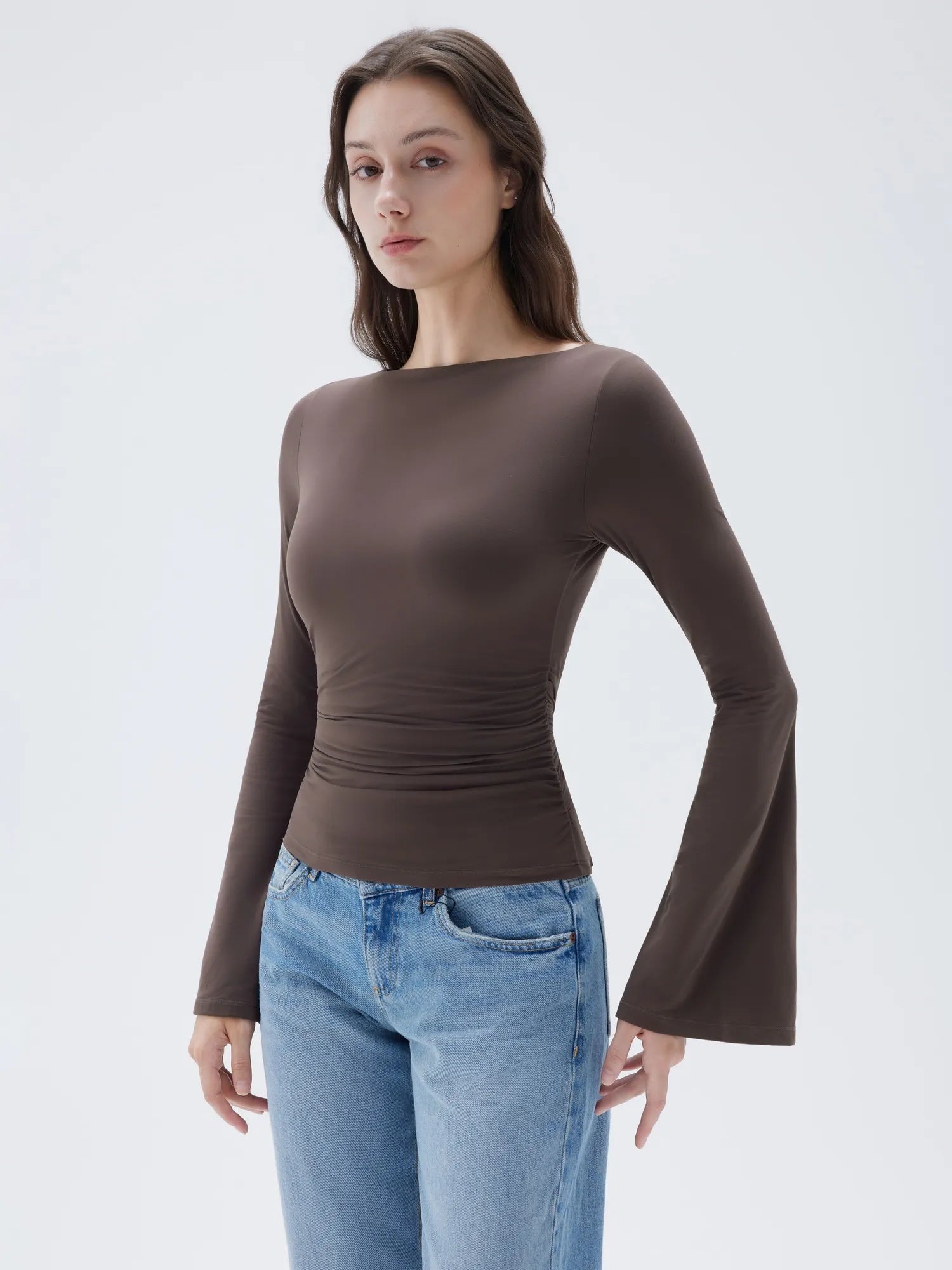 SUUKSESS Women Crew Neck Bell Sleeve Tops Double Lined Going Out Fitted Basic T Shirts-SUUKSESS-SUUKSESS