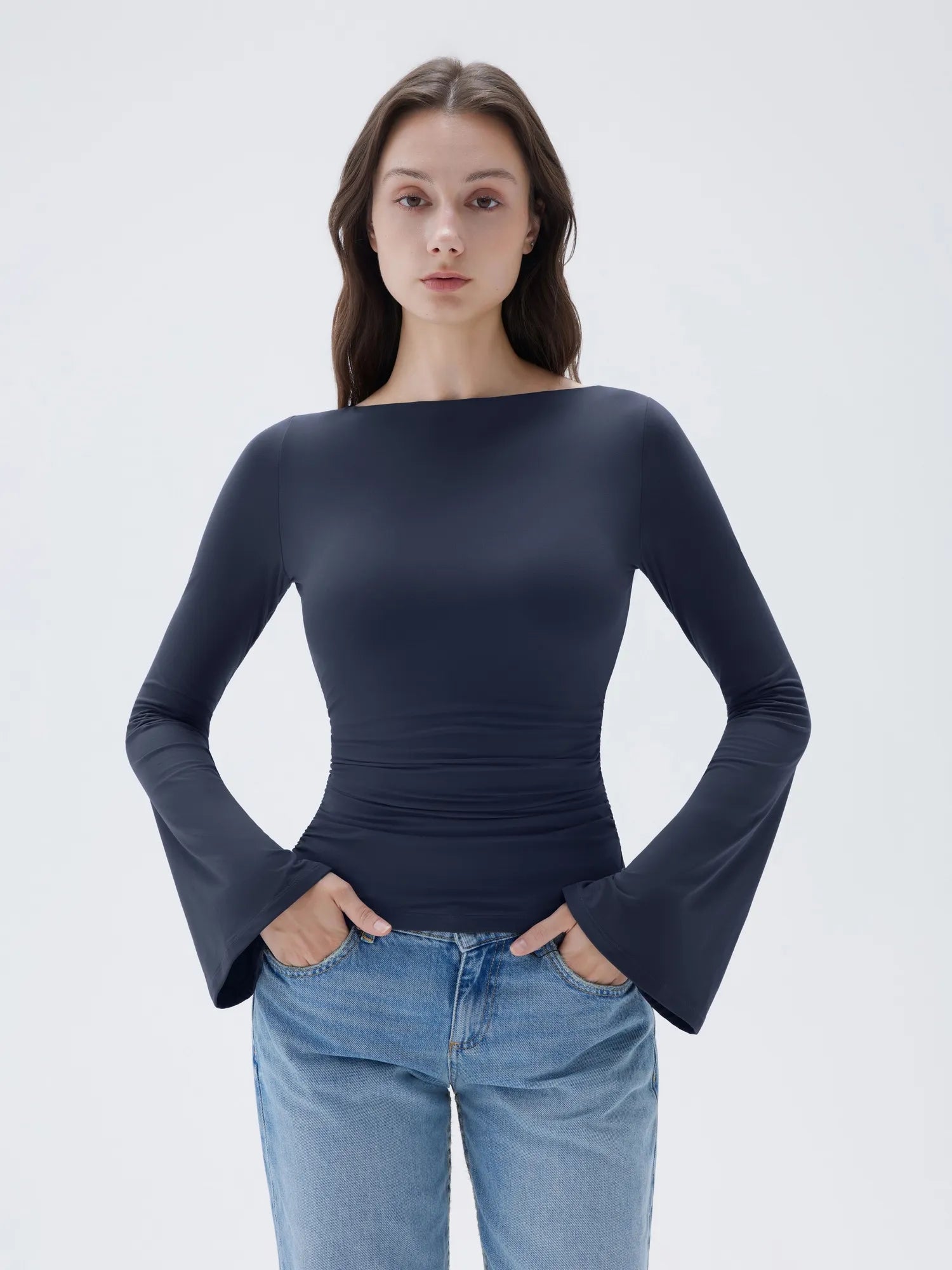 SUUKSESS Women Crew Neck Bell Sleeve Tops Double Lined Going Out Fitted Basic T Shirts-SUUKSESS-Navy-XS-SUUKSESS