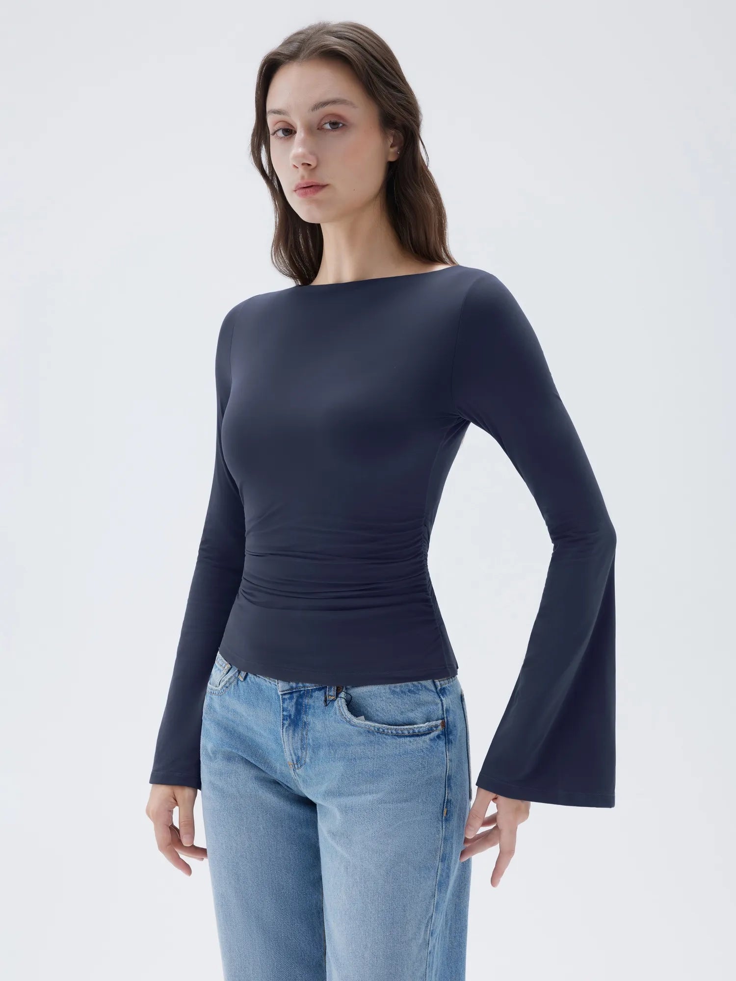 SUUKSESS Women Crew Neck Bell Sleeve Tops Double Lined Going Out Fitted Basic T Shirts-SUUKSESS-SUUKSESS