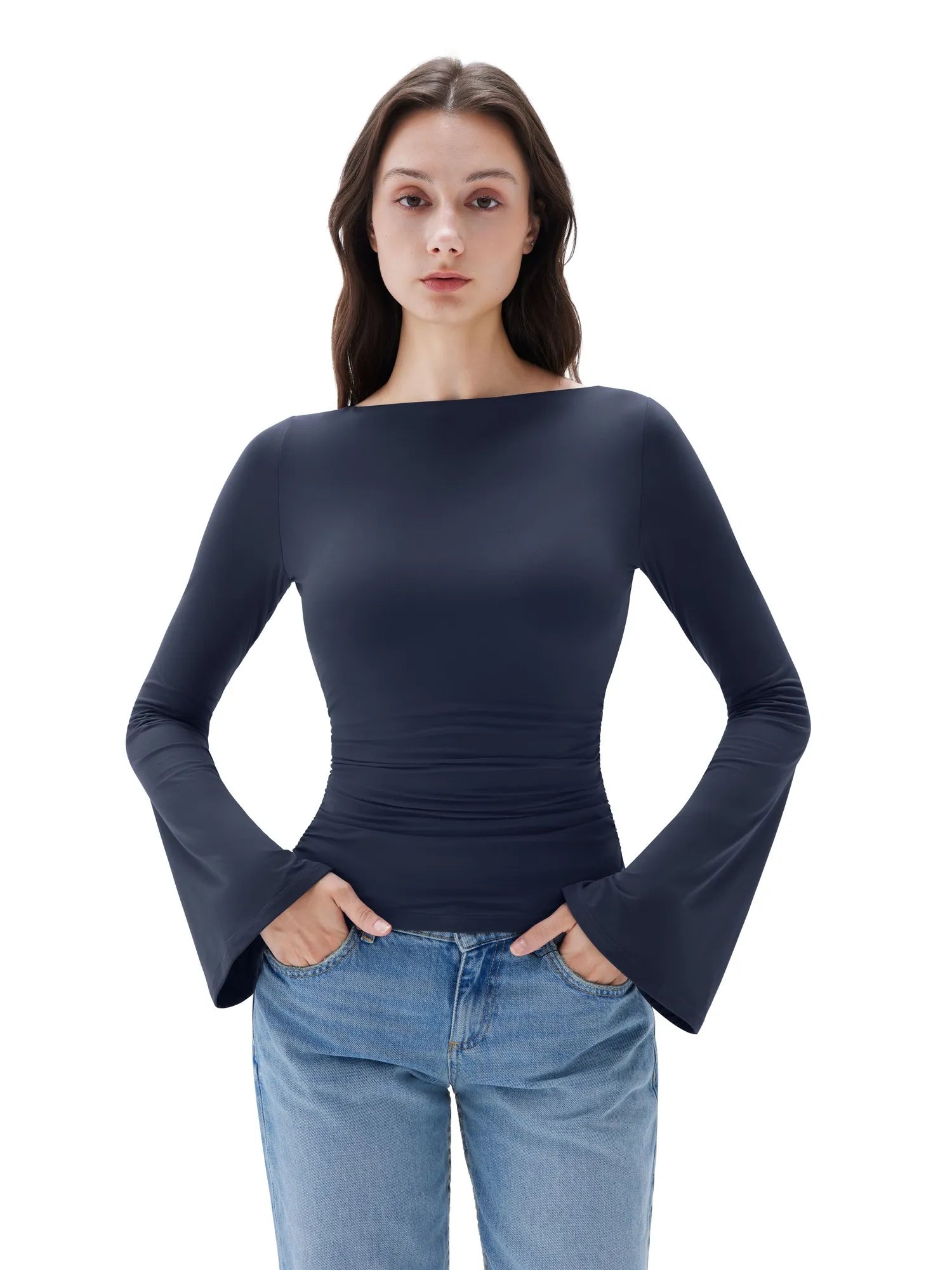 SUUKSESS Women Crew Neck Bell Sleeve Tops Double Lined Going Out Fitted Basic T Shirts-SUUKSESS-SUUKSESS