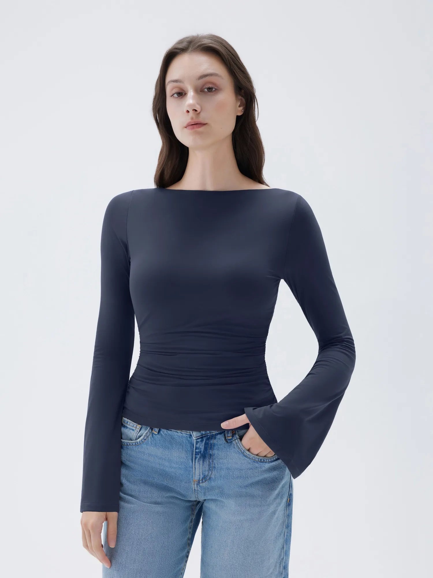 SUUKSESS Women Crew Neck Bell Sleeve Tops Double Lined Going Out Fitted Basic T Shirts-SUUKSESS-SUUKSESS