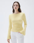 SUUKSESS Women Crew Neck Bell Sleeve Tops Double Lined Going Out Fitted Basic T Shirts-SUUKSESS-SUUKSESS