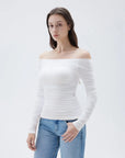 SUUKSESS Women Double Line Mesh Padded Tops Off The Shoulder Long Sleeve Shirts-SUUKSESS-White-XS-SUUKSESS