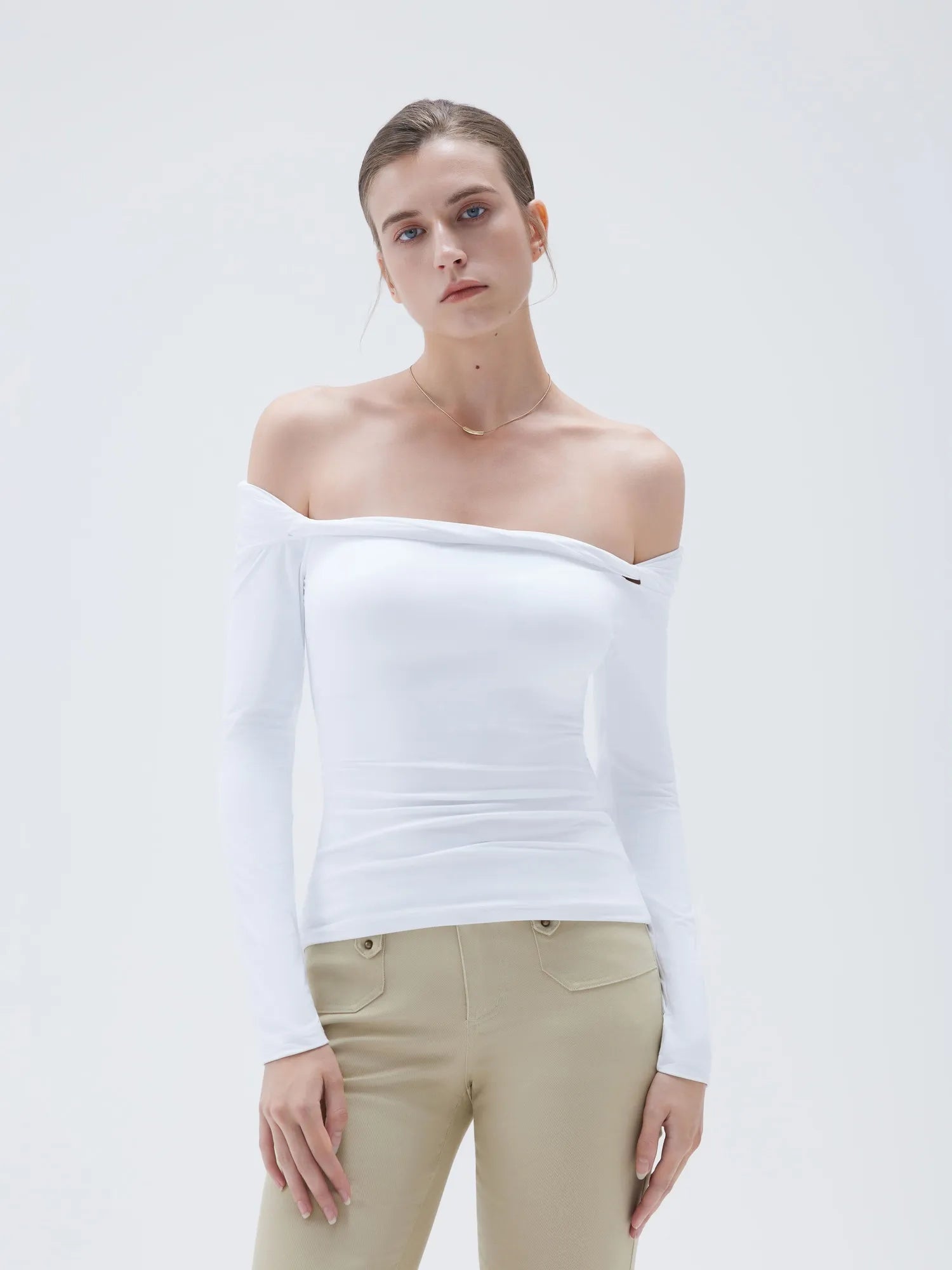 SUUKSESS Women Off The Shoulder Tops with Built in Bra Double Lined Going Out Fitted Basic Fall Shirts-SUUKSESS-SUUKSESS