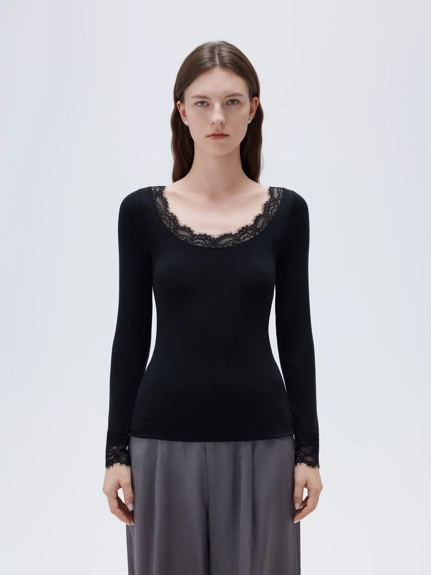 SUUKSESS Cloud Cashmere Women Lace Scoop Neck Tops Basic Long Sleeve Knit Shirts-SUUKSESS-Black-XS-SUUKSESS